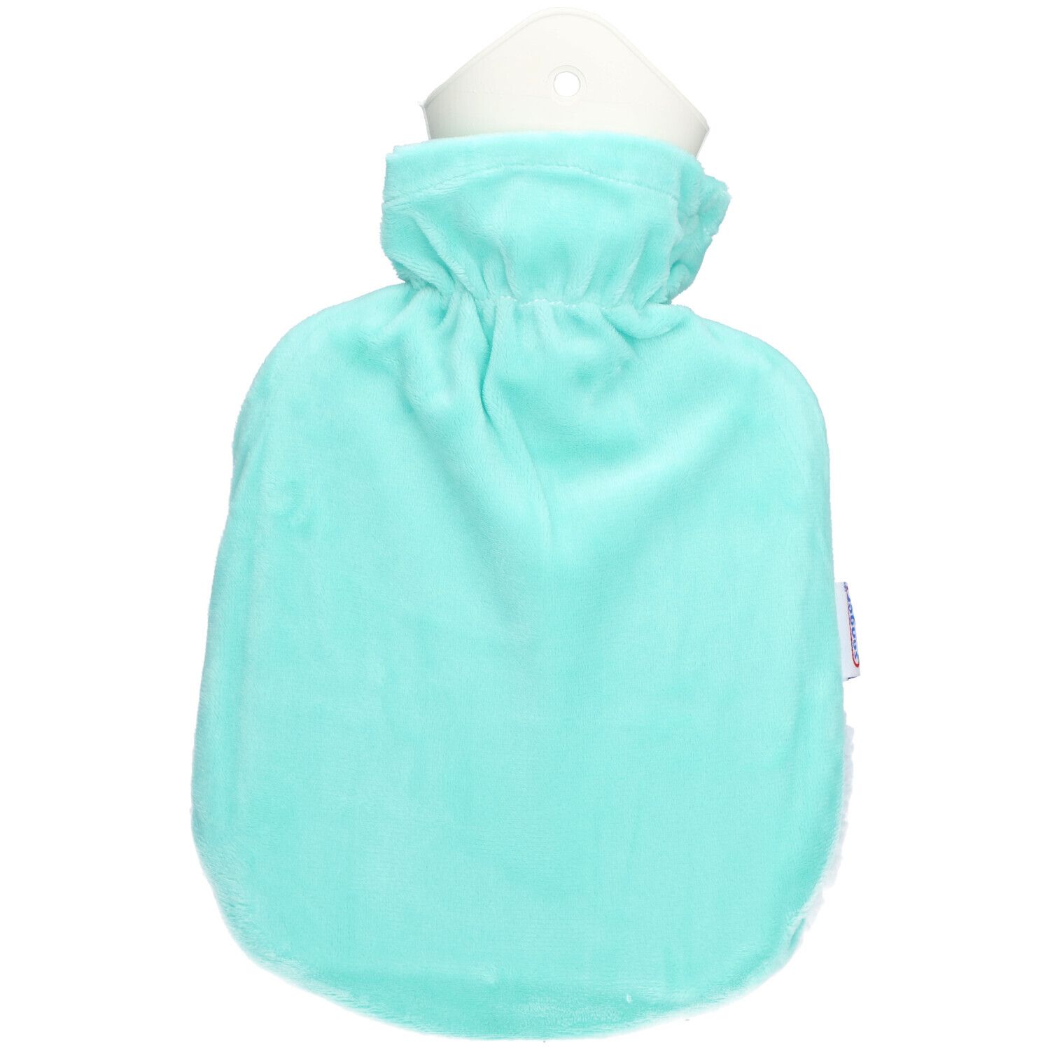 Bouillotte turquoise avec fourrure blanche et entonnoir de remplissage blanc. Marque SÄNGER.