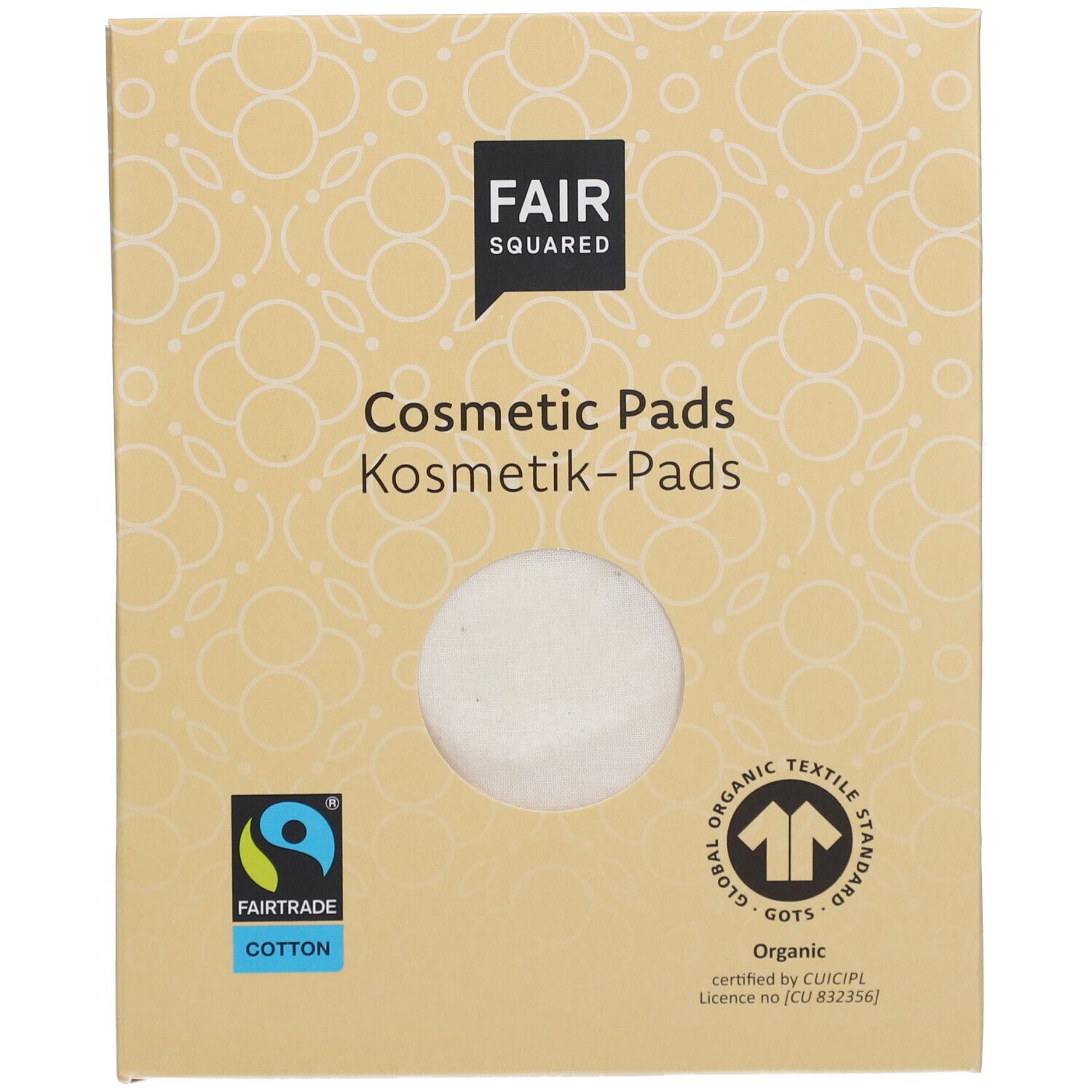 Boîte de pads cosmétiques. Logo FAIR SQUARED, texte: Cosmetic Pads, Kosmetik-Pads. Label Fairtrade, certification GOTS.