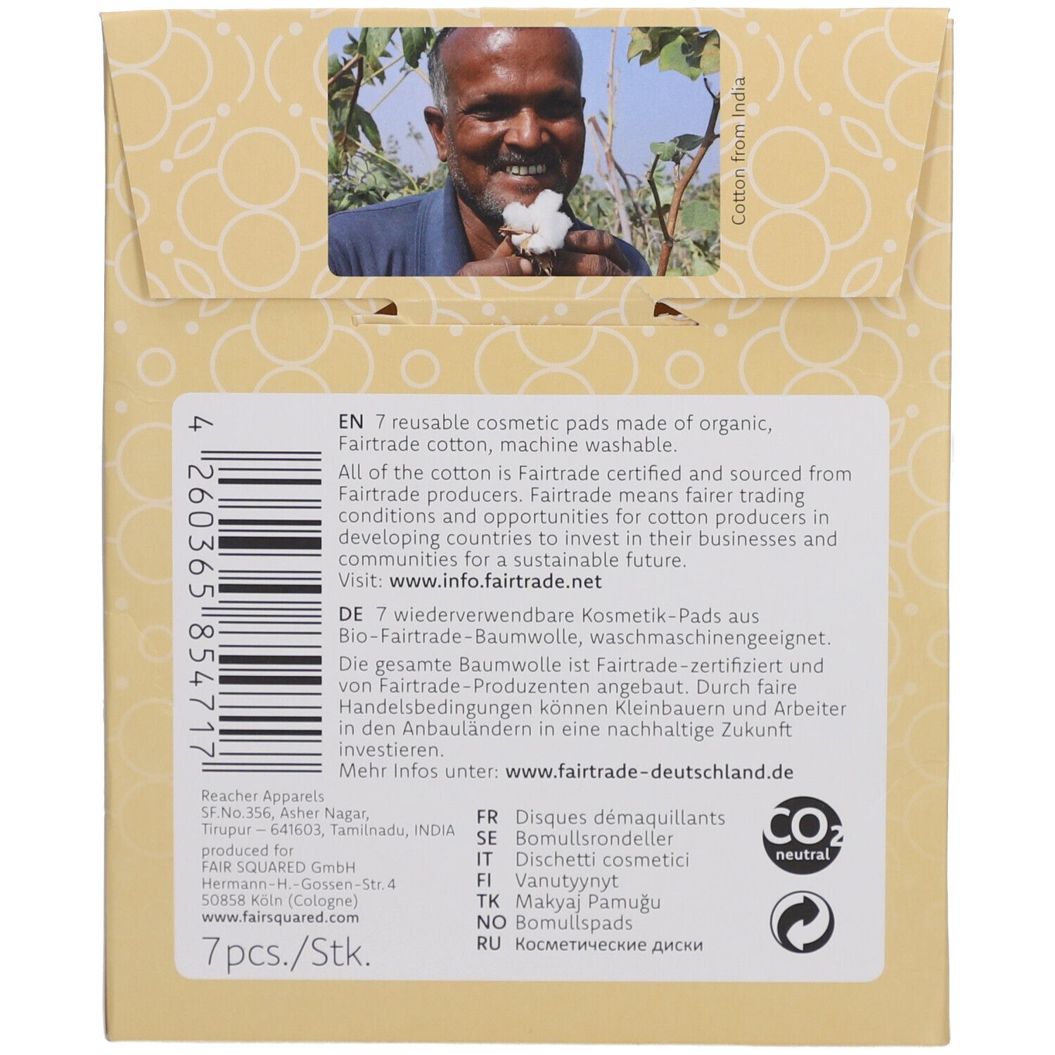 Dos de l'emballage avec texte. Photo d'un homme avec une fleur de coton. Texte: 7 pads cosmétiques réutilisables en coton bio Fairtrade.