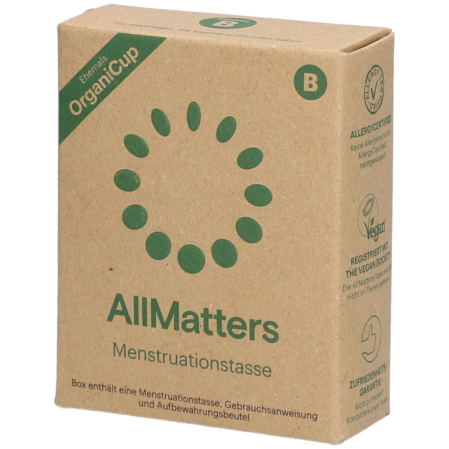 Boîte en carton marron. Inscription : OrganiCup, AllMatters, coupe menstruelle. Avec logo et certifications.