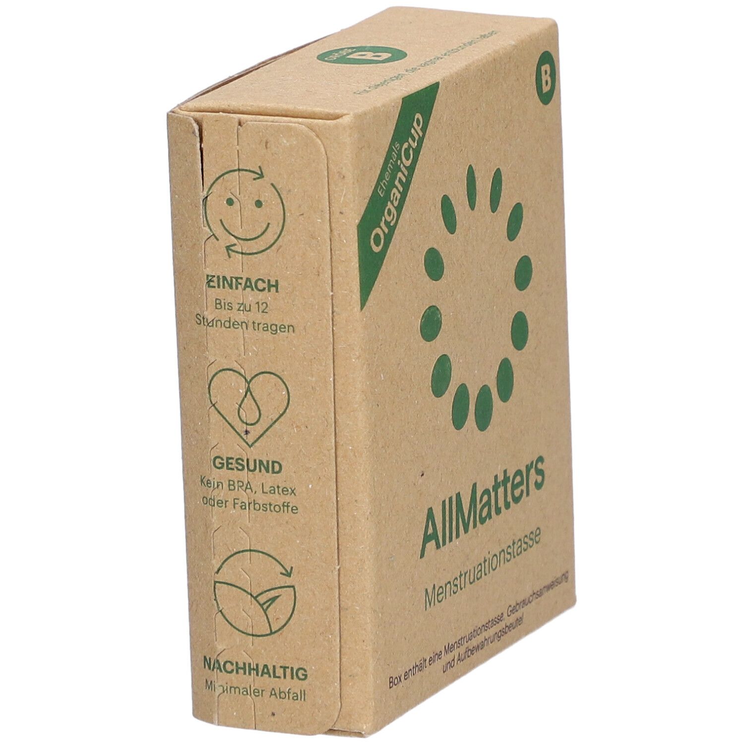 Boîte en carton marron. Inscription : OrganiCup, AllMatters, coupe menstruelle. Avec icônes d'avantages.