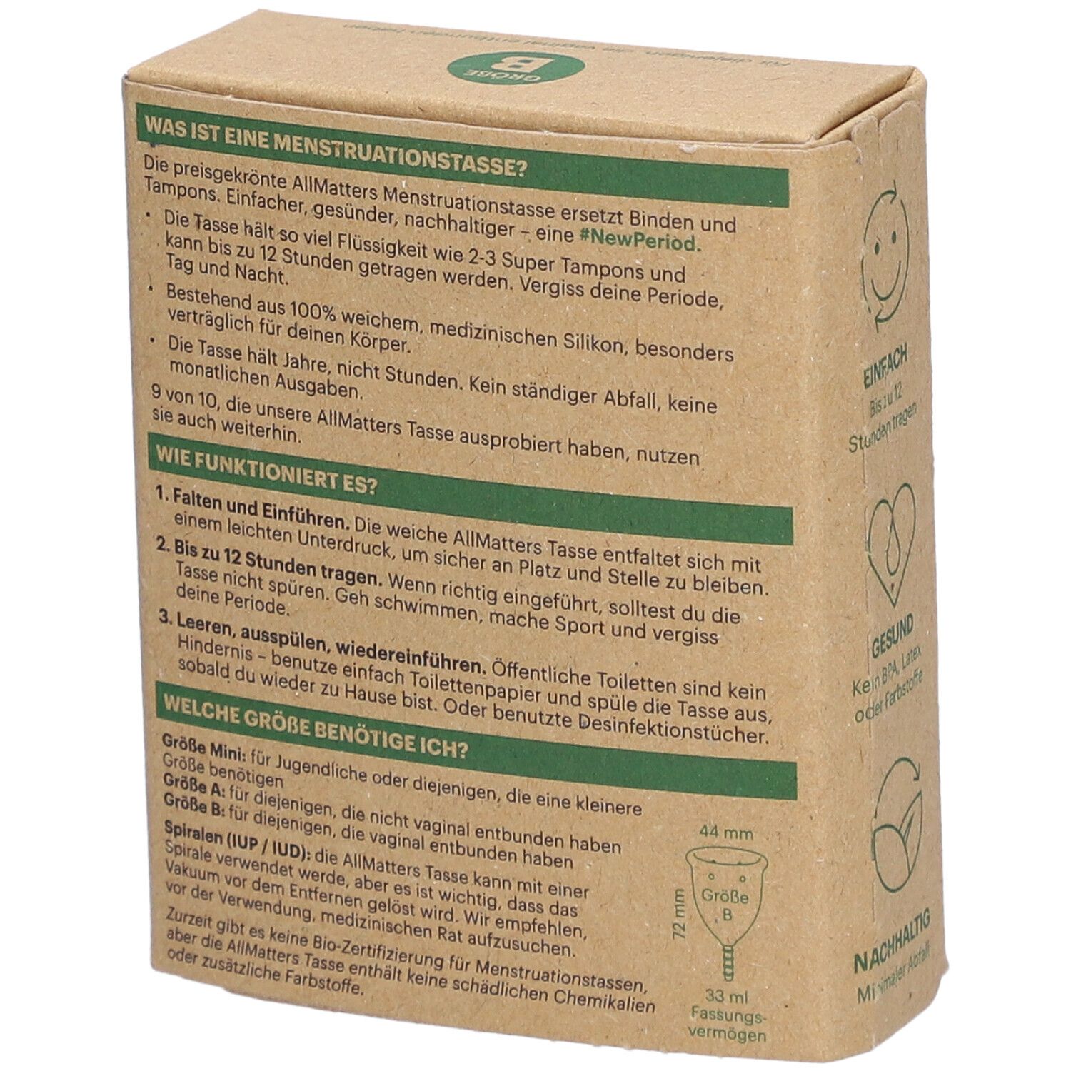 Dos de la boîte. Texte sur la coupe menstruelle, l'utilisation et la taille. Avec illustrations et dimensions.