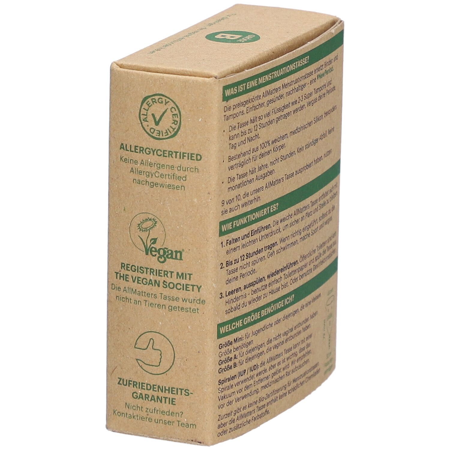 Boîte en carton avec certifications : AllergyCertified, Vegan. Inscription : OrganiCup, AllMatters, coupe menstruelle.