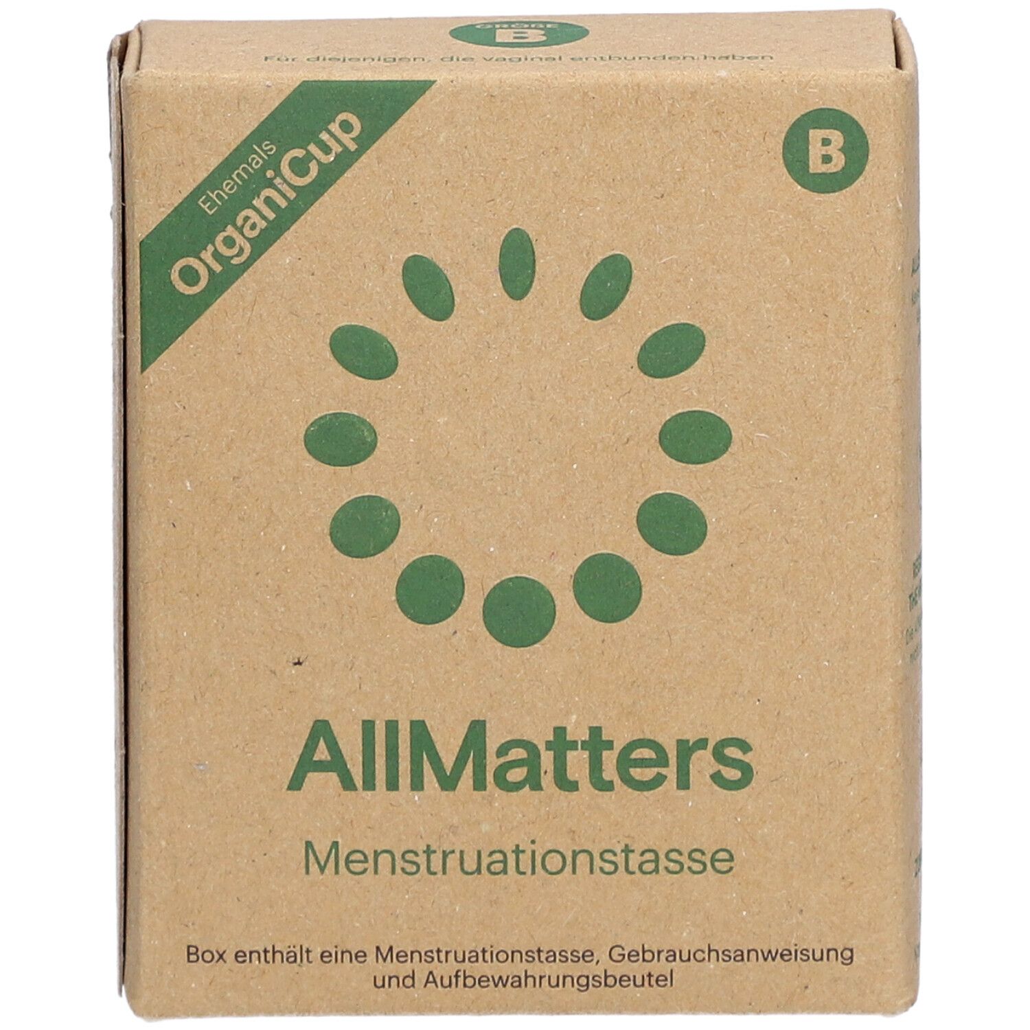 Boîte en carton marron. Inscription : OrganiCup, AllMatters, coupe menstruelle. Avec logo et marquage B.