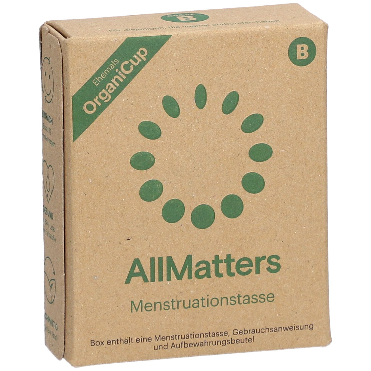 Boîte en carton marron. Inscription : OrganiCup, AllMatters, coupe menstruelle. Avec logo et marquage B.