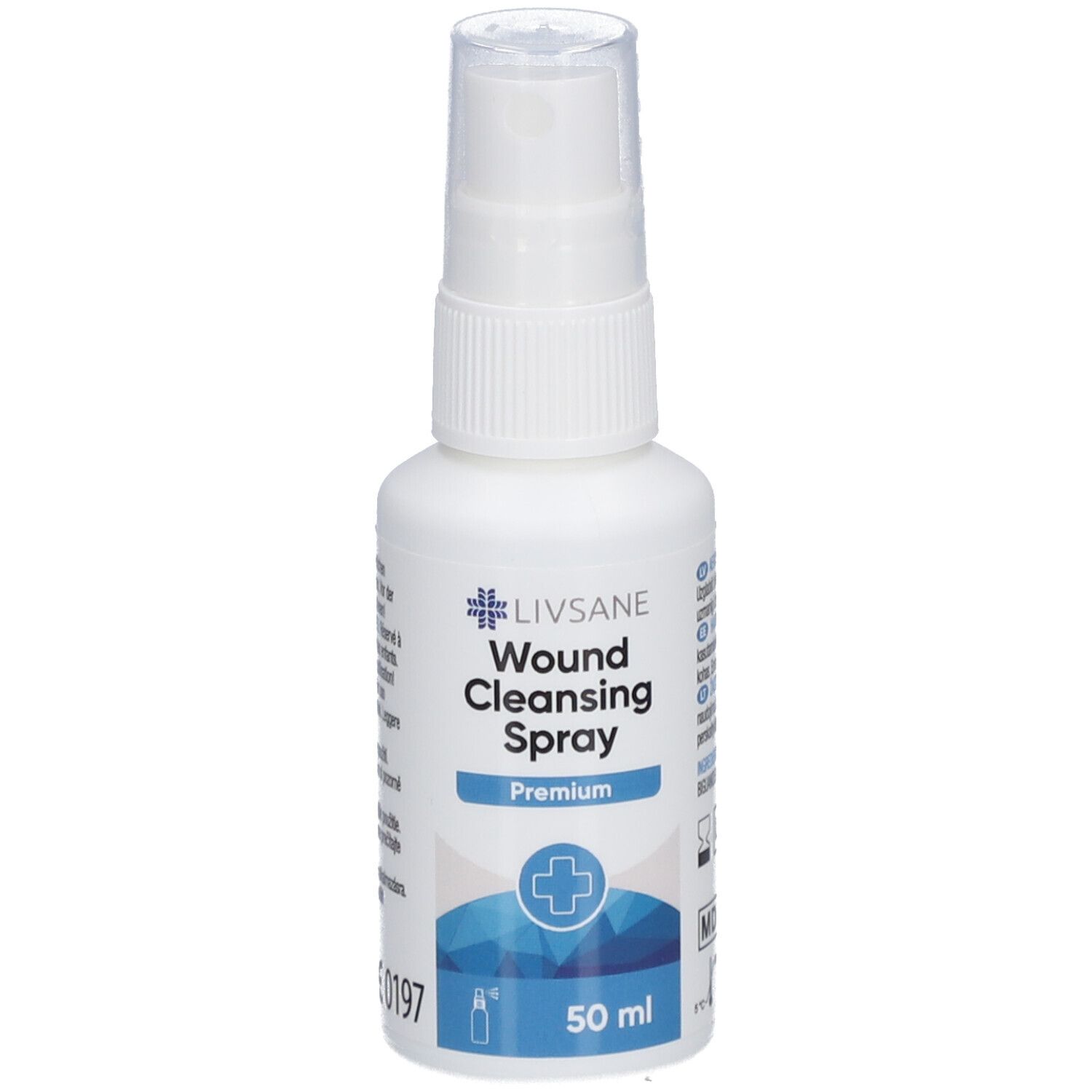 Flacon pulvérisateur blanc avec étiquette bleue. Texte: Livsane Wund Cleansing Spray Premium. 50 ml.