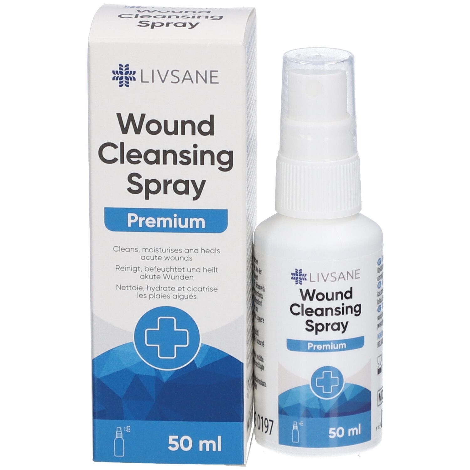 Produit et emballage. Flacon et boîte blancs. Texte: Livsane Wund Cleansing Spray Premium. 50 ml.