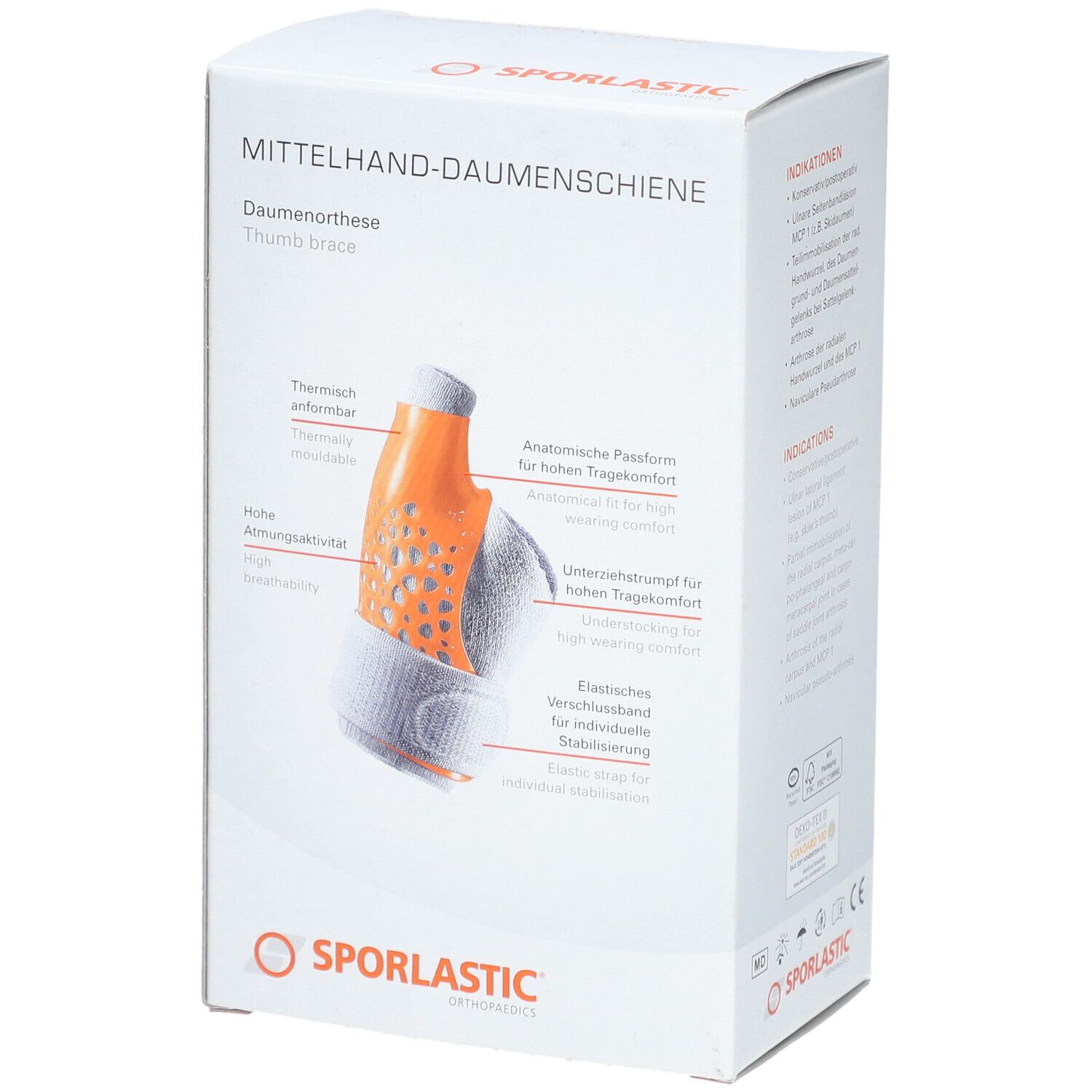 Boîte avec schéma de l'orthèse de pouce. Orthèse main orange et blanche. Texte: Plateforme anatomique, grand confort. Texte: SPORLASTIC.