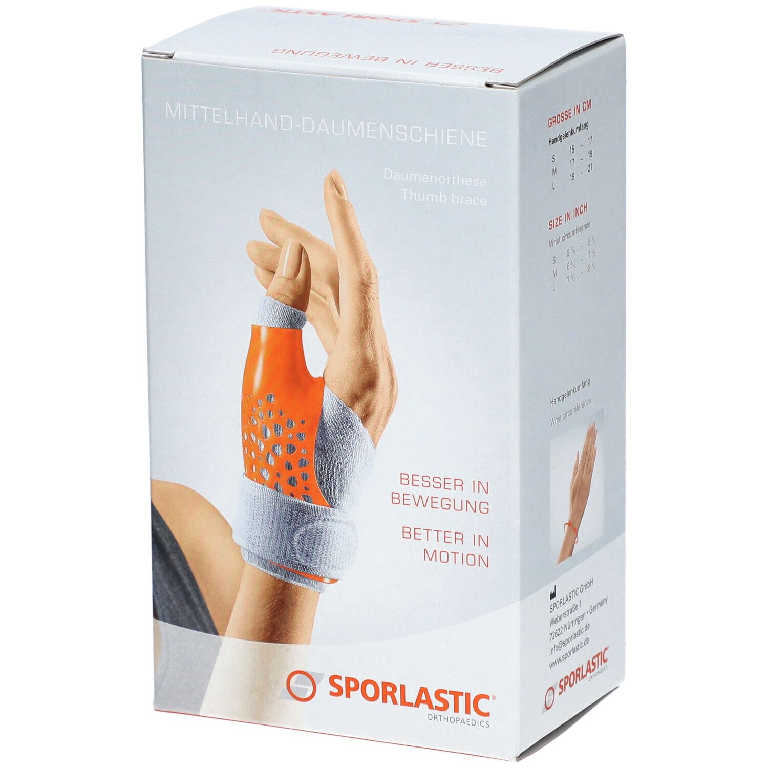 Boîte de l'attelle de pouce. Attelle orange et grise sur une main. Marque : SPORLASTIC.