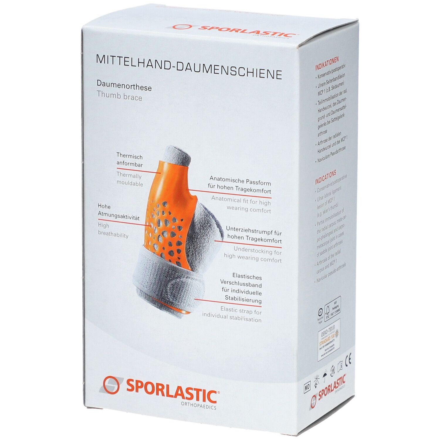 Boîte avec caractéristiques du produit. Forme anatomique, respirant, bande élastique. Marque : SPORLASTIC.