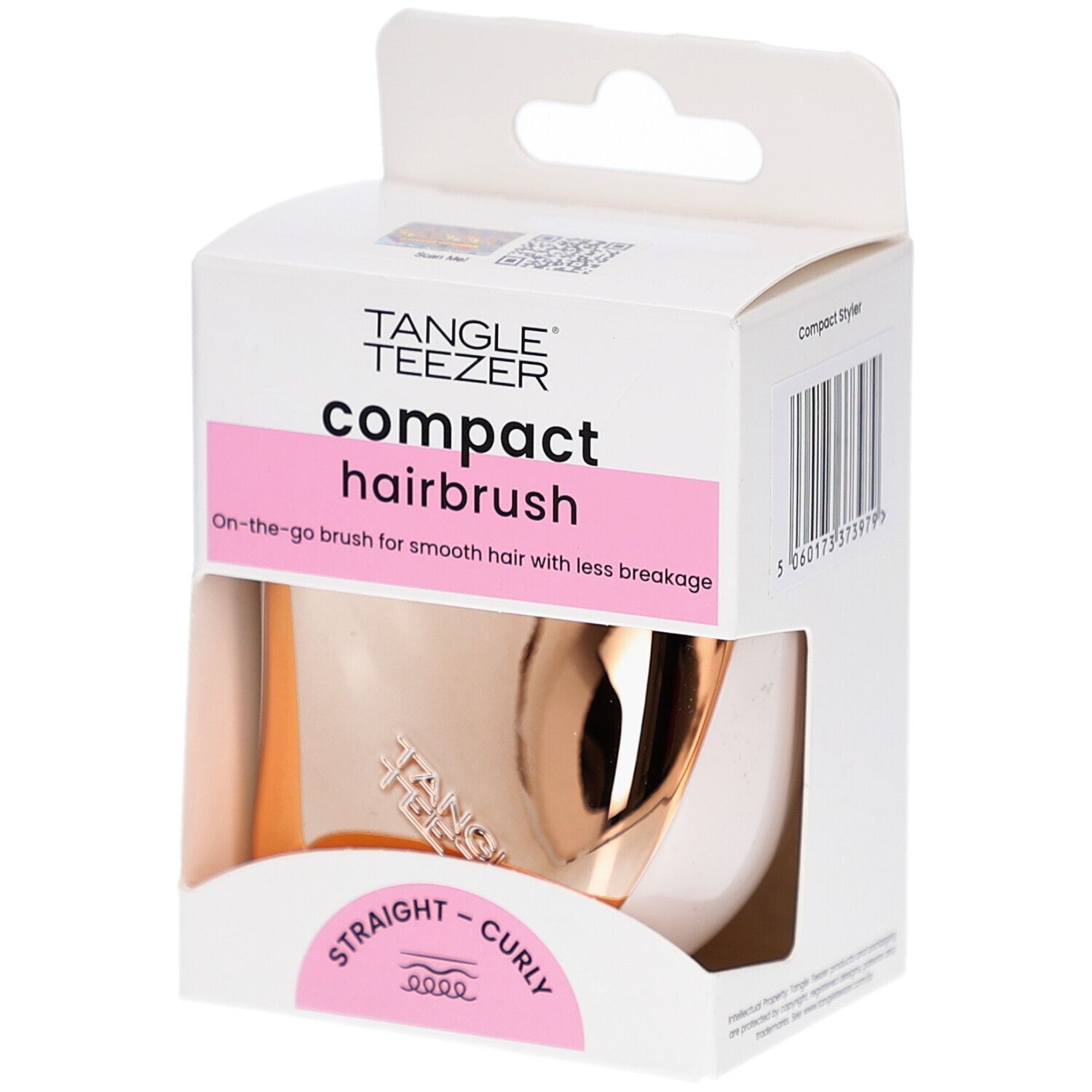 Brosse à cheveux compacte dans son emballage. Marque TANGLE TEEZER. Rose et or. Pour cheveux lisses et bouclés.