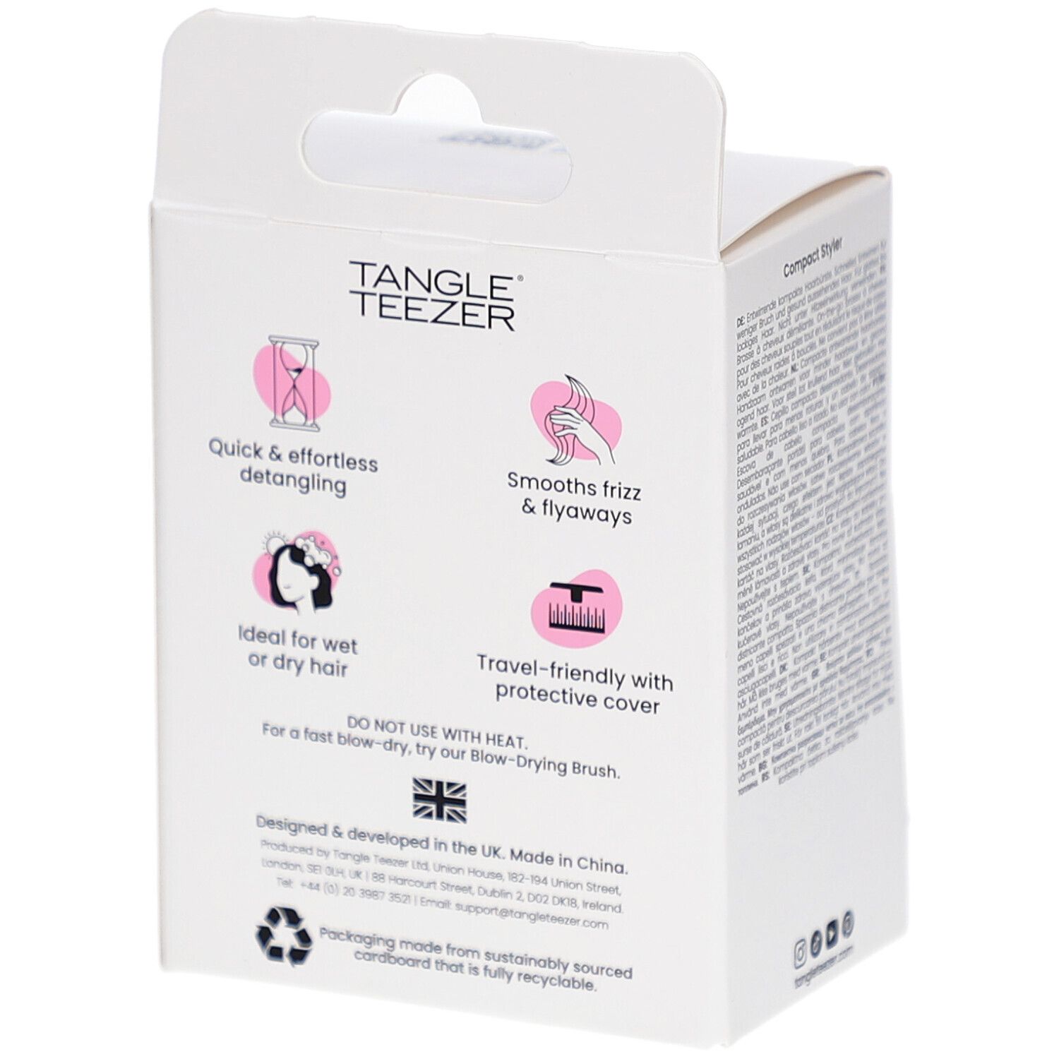 Dos de l'emballage. Marque TANGLE TEEZER. Caractéristiques : démêlage, lissage, cheveux mouillés/secs, avec étui.