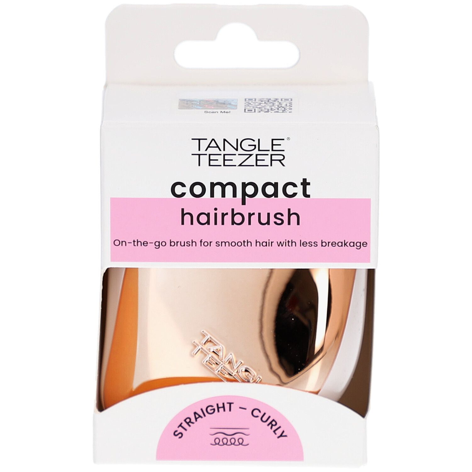 Brosse à cheveux compacte dans son emballage. Marque TANGLE TEEZER. Rose et or. Pour cheveux lisses et bouclés.