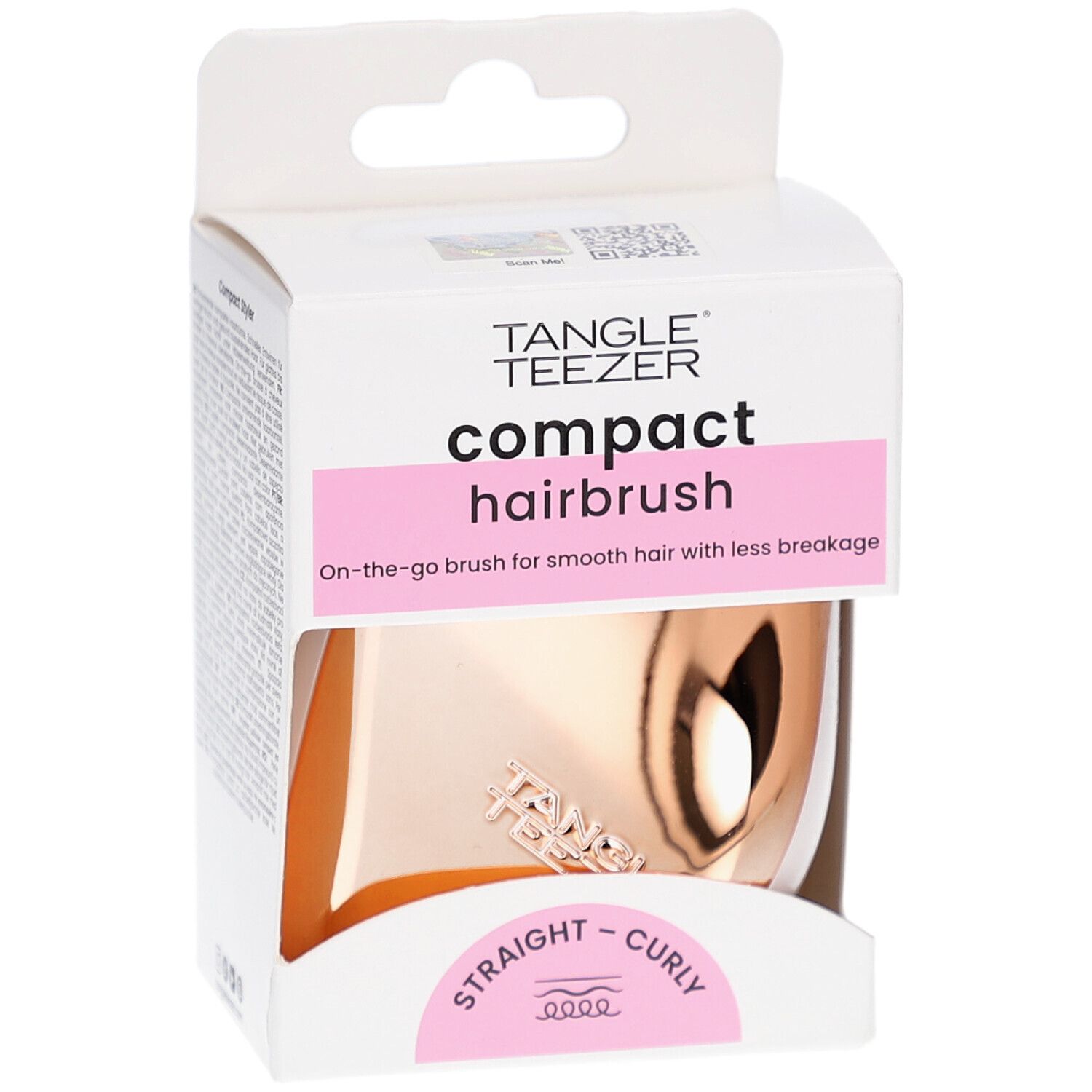 Brosse à cheveux compacte dans son emballage. Marque TANGLE TEEZER. Rose et or. Pour cheveux lisses et bouclés.