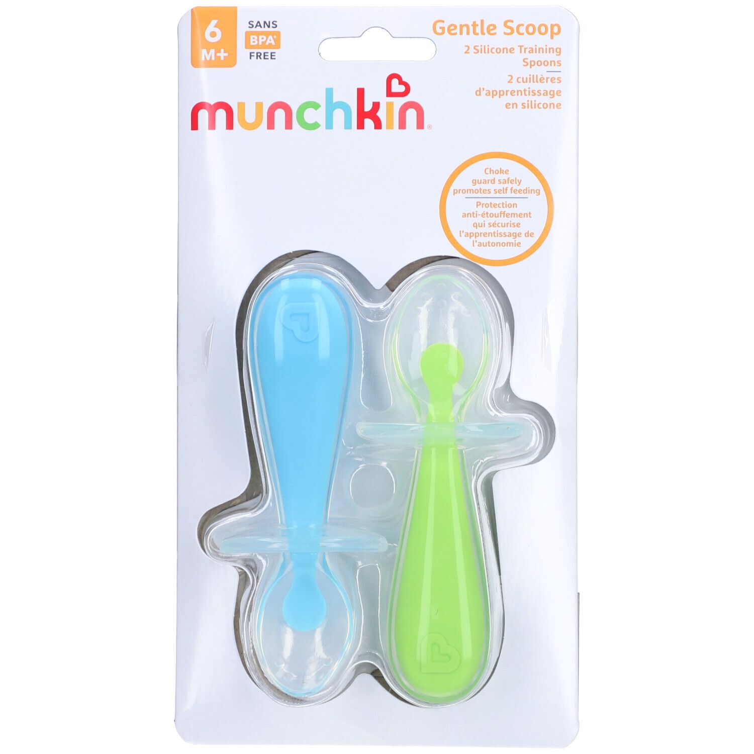 Deux cuillères d'apprentissage en silicone bleu et vert dans un emballage blister. Sans BPA. Marque : Munchkin.