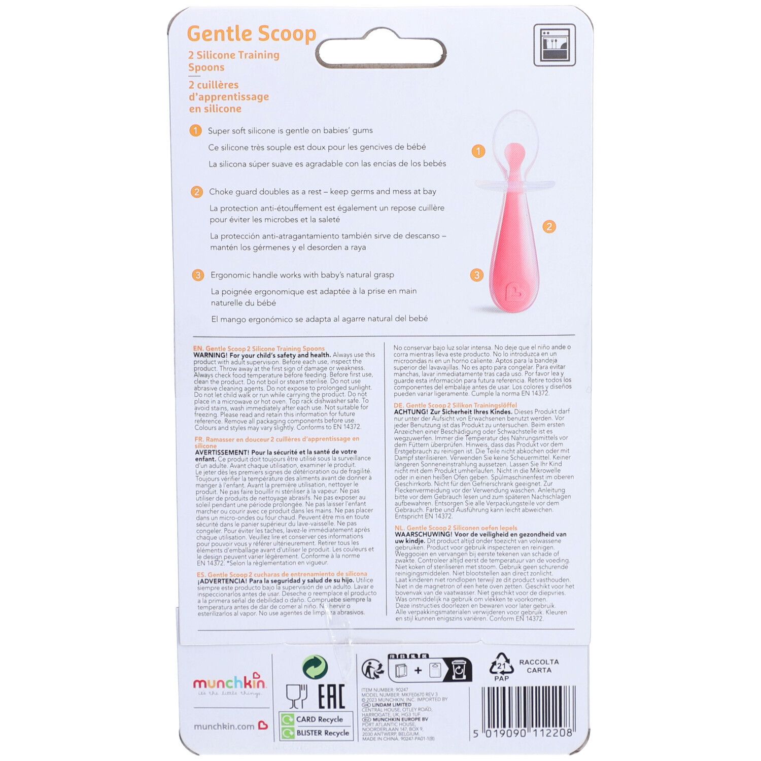 Dos de l'emballage avec informations sur le produit et texte en plusieurs langues. Cuillère en silicone rose illustrée.