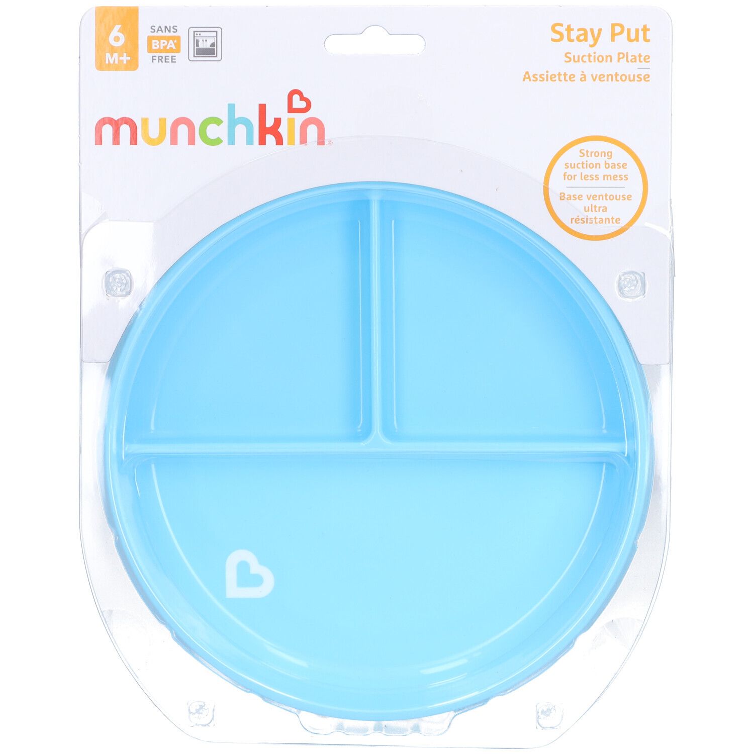 Assiette à ventouse bleue, divisée en trois compartiments. Marque Munchkin, sans BPA. Emballage plastique.
