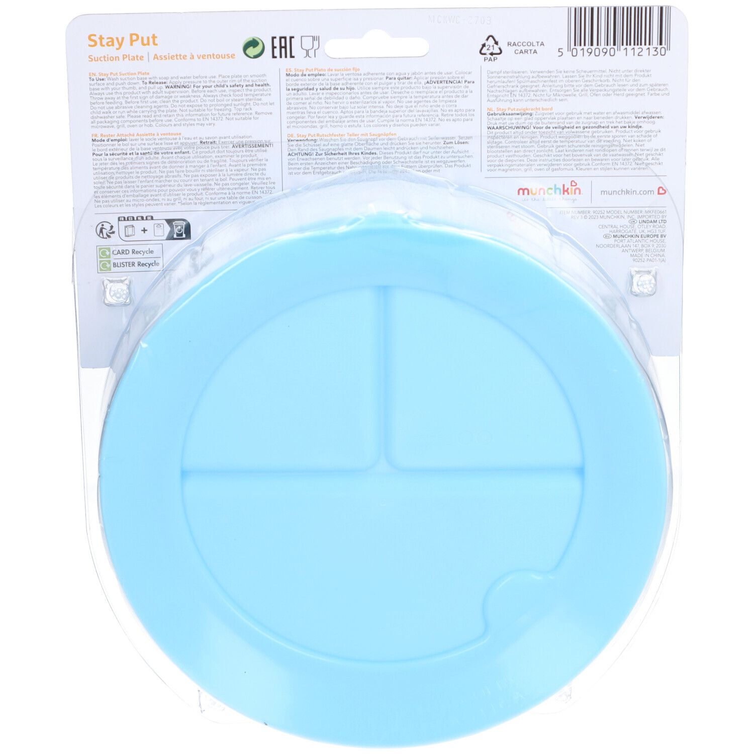 Dos de l'assiette à ventouse bleue, trois compartiments. Marque Munchkin. Emballage plastique.