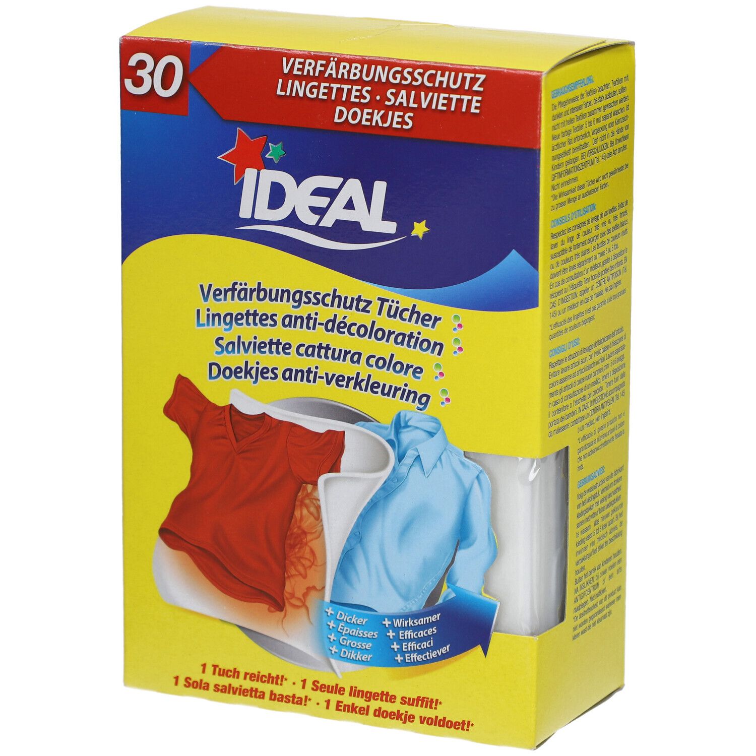 Boîte jaune avec illustration et texte. Contient 30 lingettes. Ideal lingettes anti-décoloration. Image de vêtements.