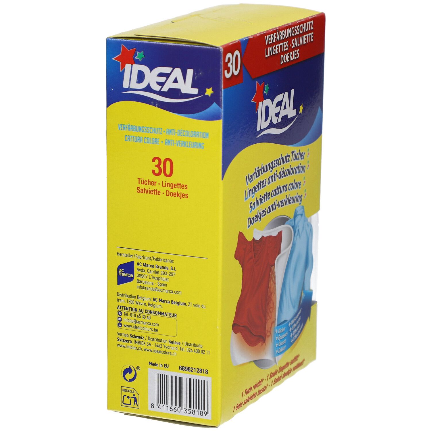 Boîte jaune, vue latérale. Contient 30 lingettes. Ideal lingettes anti-décoloration. Texte en plusieurs langues.