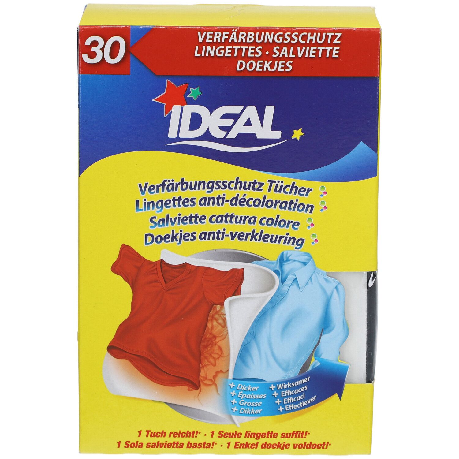Boîte jaune avec illustration et texte. Contient 30 lingettes. Ideal lingettes anti-décoloration. Image de vêtements.
