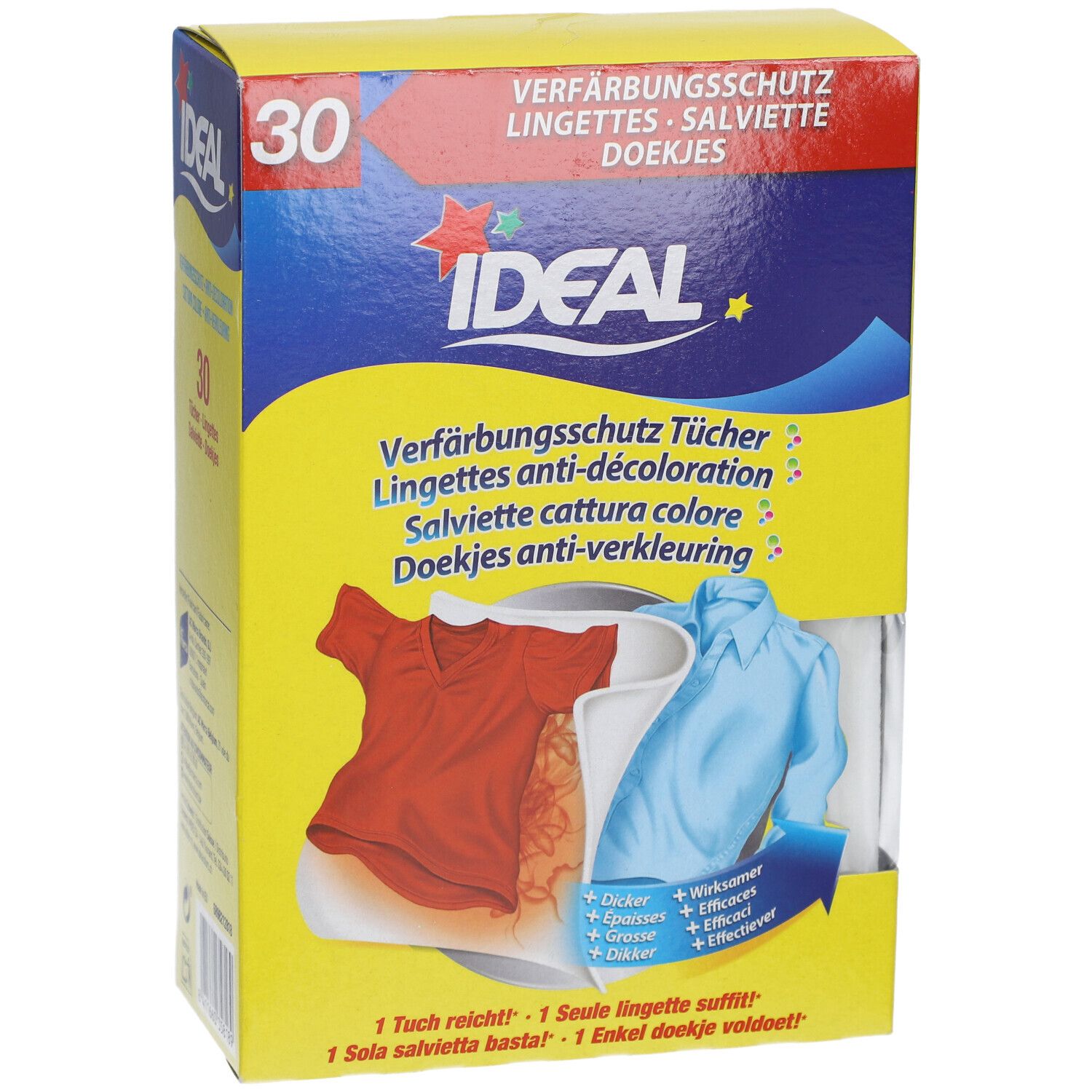 Boîte jaune avec illustration et texte. Contient 30 lingettes. Ideal lingettes anti-décoloration. Image de vêtements.