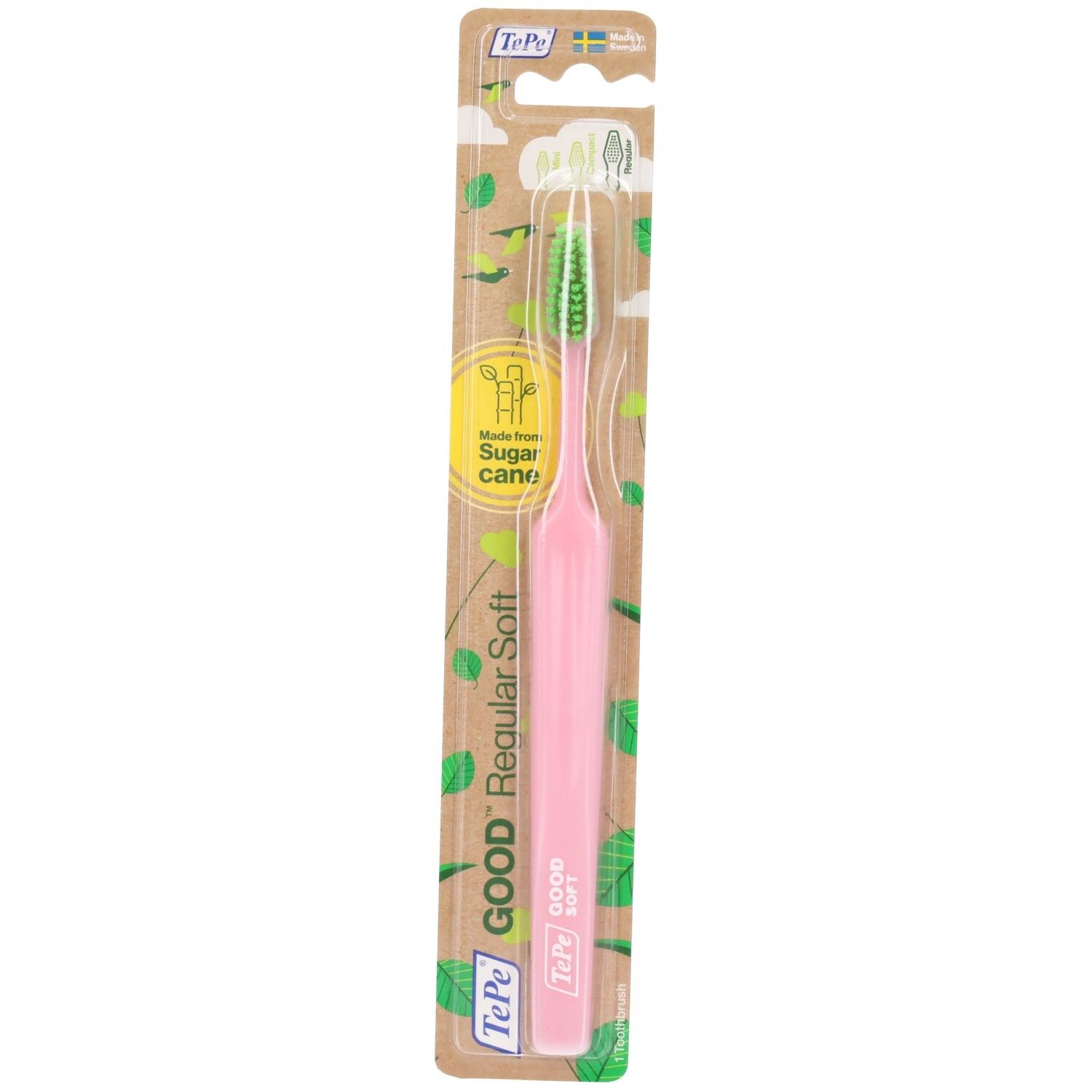 Brosse à dents TePe GOOD Regular Soft rose avec poils verts, en emballage blister.