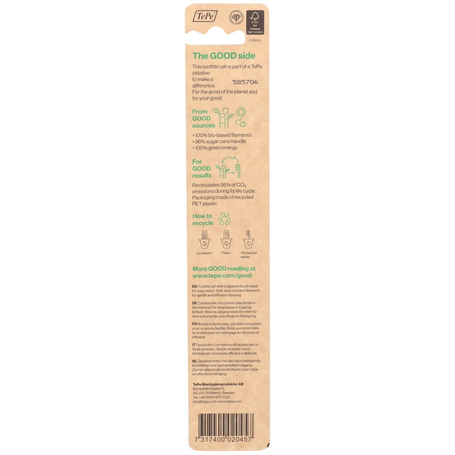 Arrière de l'emballage de la brosse à dents TePe GOOD Regular Soft avec informations sur la durabilité et le recyclage.