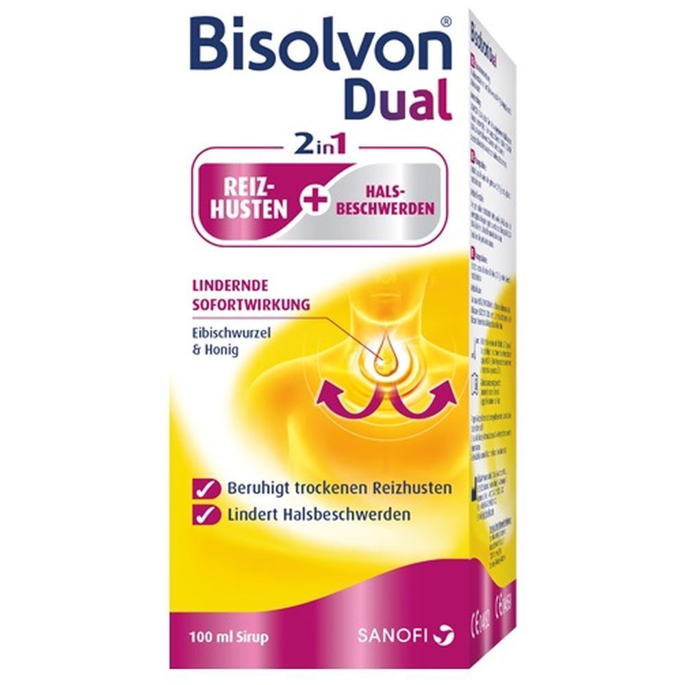 Boîte de sirop BISOLVON® Dual. Inscription : 2en1, toux sèche +, gorge irritée. Jaune, rose et blanc. Logo Sanofi.