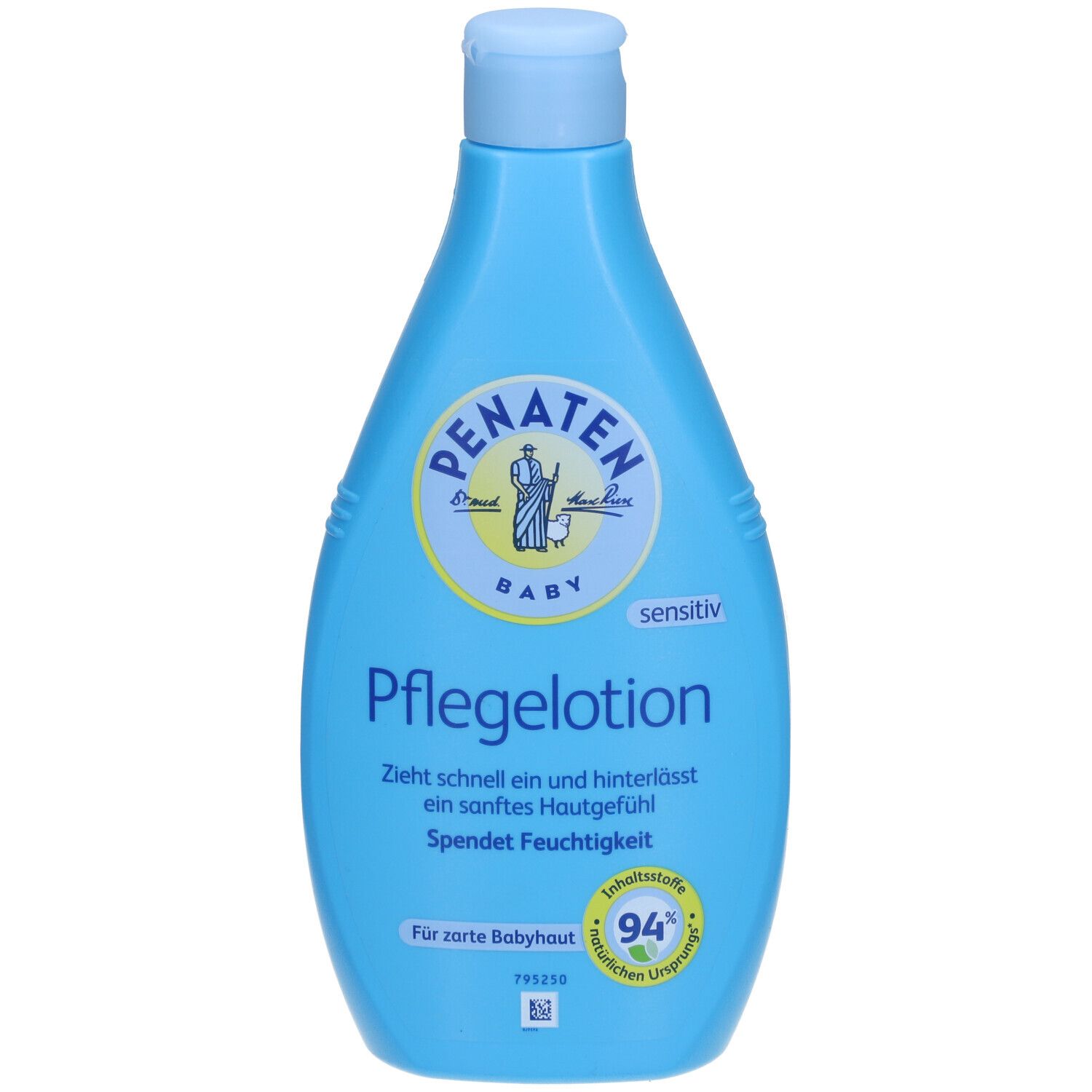 Flacon bleu clair de lotion Penaten. Bouchon blanc. Logo et texte sur le devant. Étiquette avec informations sur le produit.