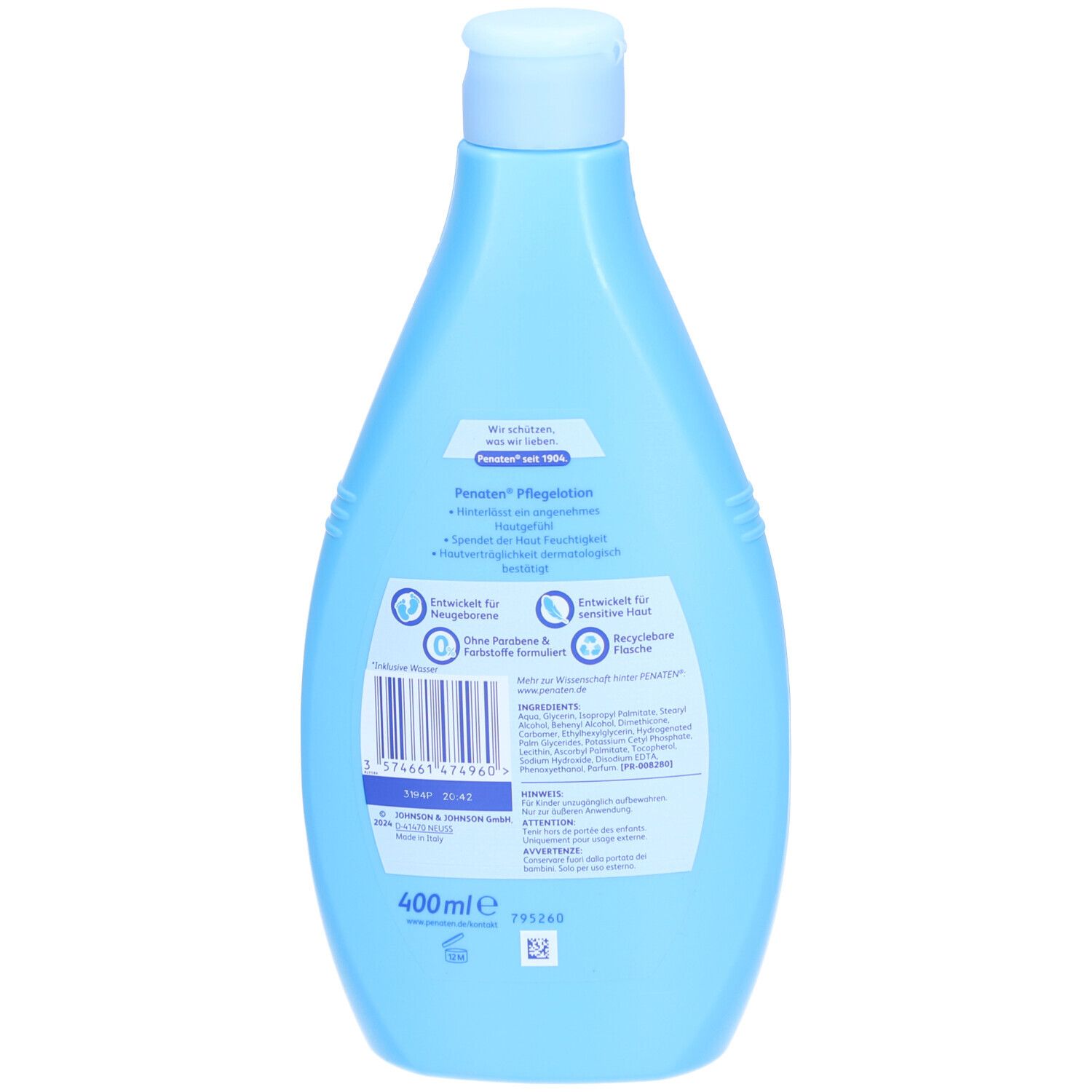 Dos du flacon de lotion Penaten bleu clair. Étiquette avec informations sur le produit et code-barres. Indication 400ml.