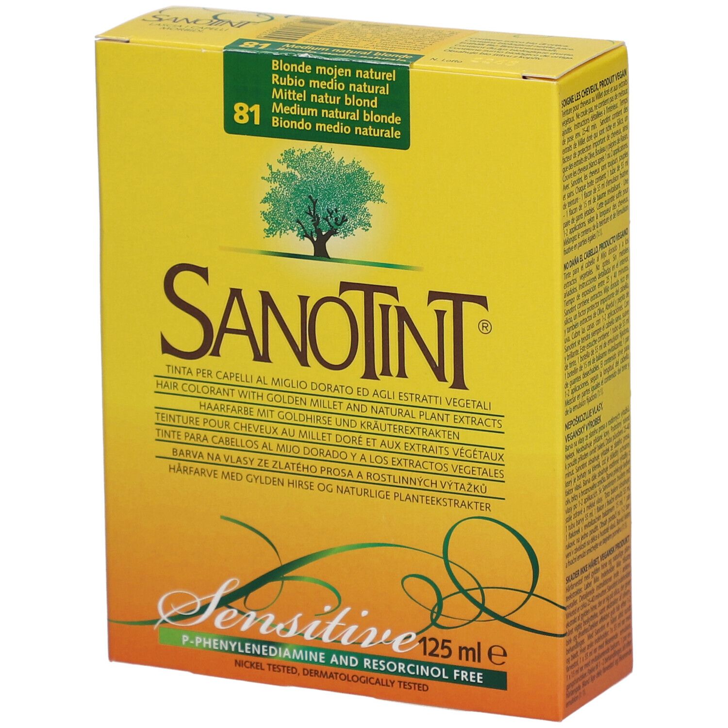 Boîte jaune SANOTINT. Inscription: Sensitive, 125 ml e. Nuance: 81 Blond moyen naturel. Arbre stylisé. Texte multilingue.