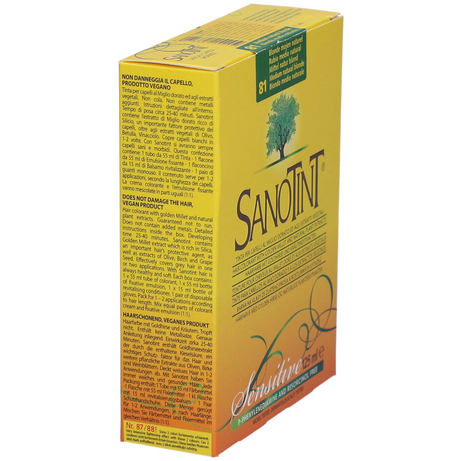 Boîte jaune SANOTINT. Texte sur le côté: Vegan, n'abîme pas les cheveux. Nuance 81. Ingrédients et instructions. Multilingue.