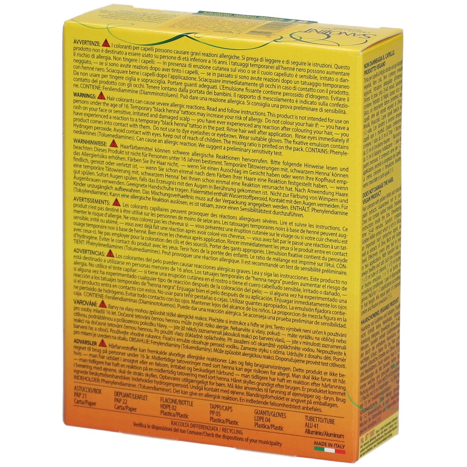 Dos de la boîte jaune SANOTINT. Avertissements, ingrédients et instructions. Fabriqué en Italie.