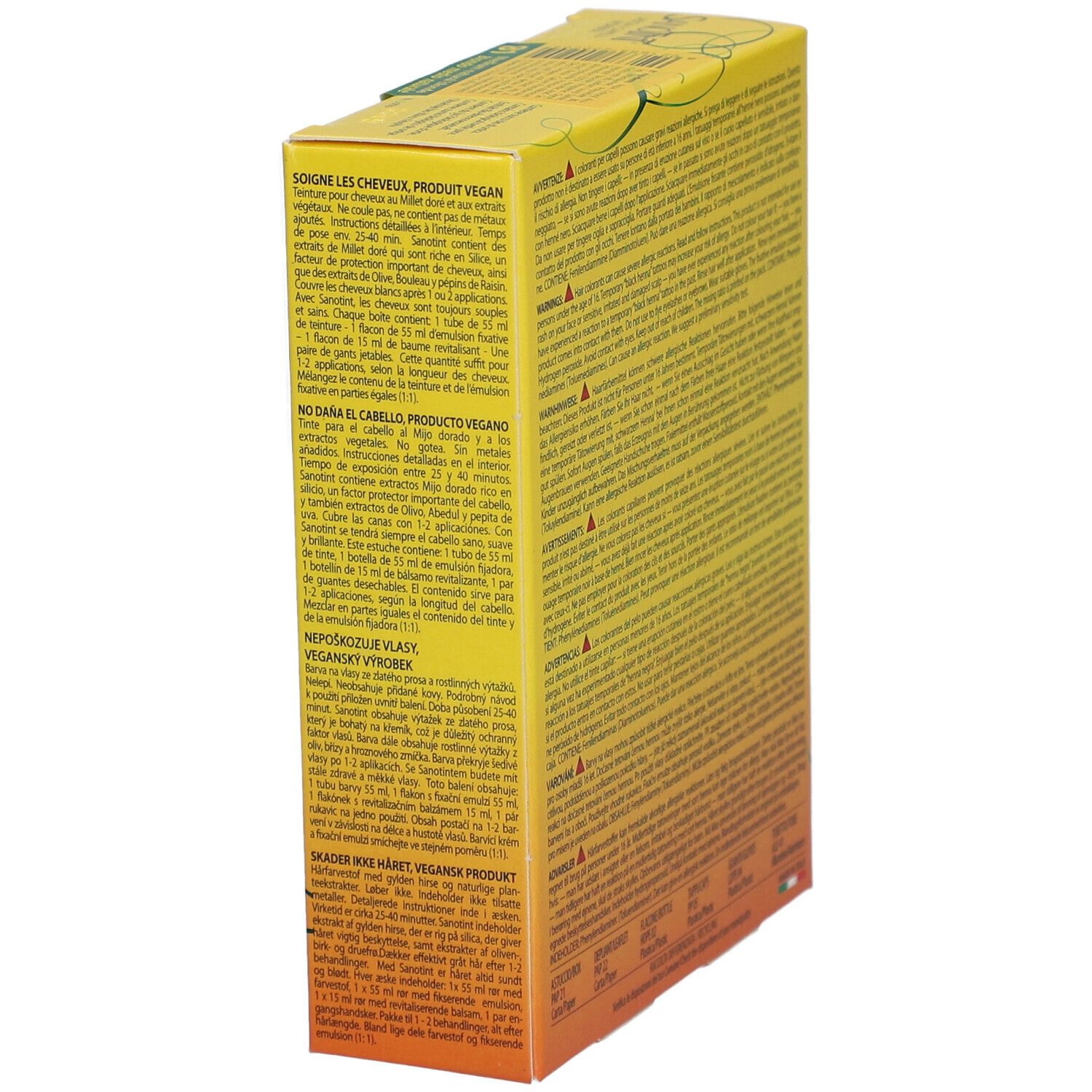 Boîte jaune SANOTINT. Texte: Vegan, prend soin des cheveux. Contient 1 flacon. Instructions. Multilingue.