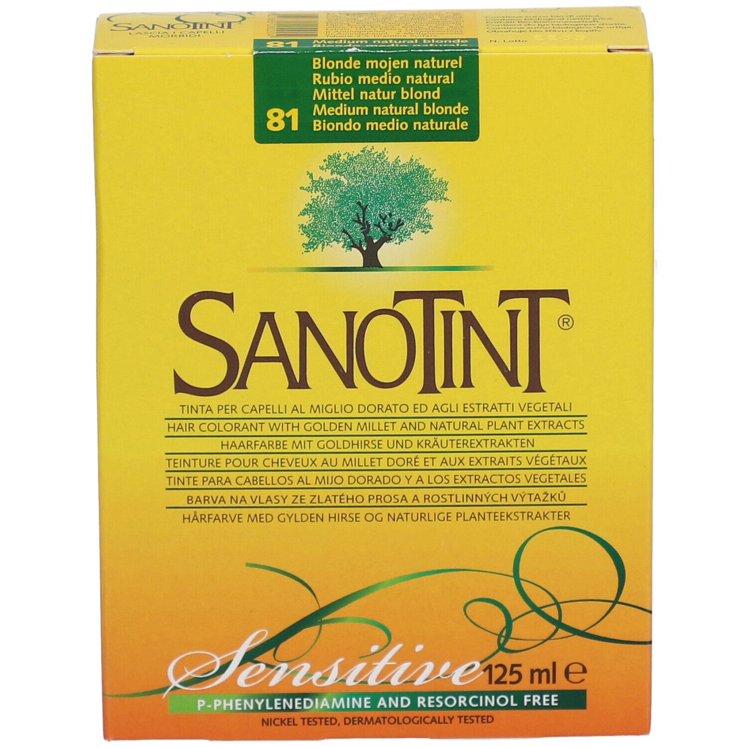 Boîte jaune SANOTINT. Inscription: Sensitive, 125 ml e. Nuance: 81 Blond moyen naturel. Arbre stylisé. Texte multilingue.