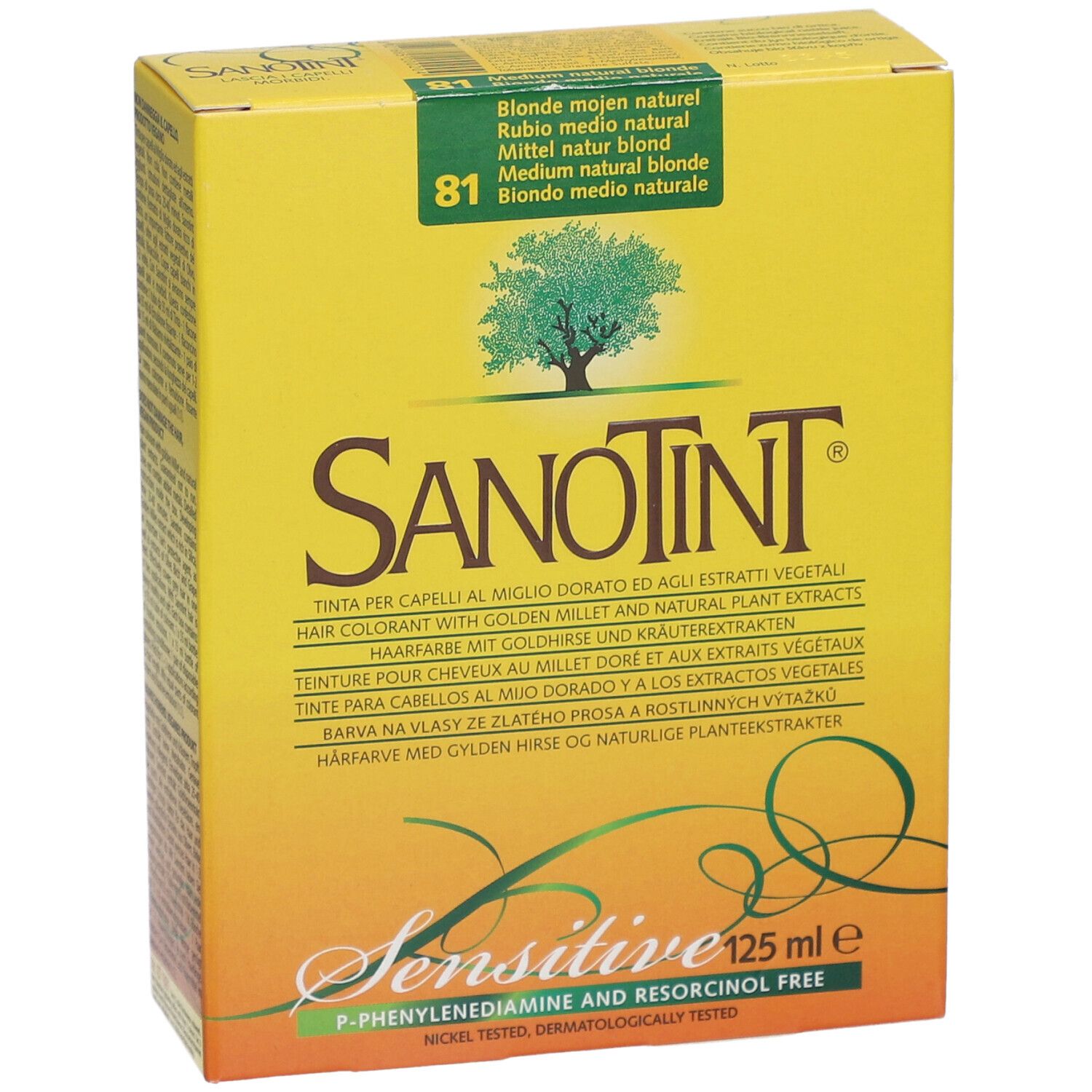 Boîte jaune SANOTINT. Inscription: Sensitive, 125 ml e. Nuance: 81 Blond moyen naturel. Arbre stylisé. Texte multilingue.