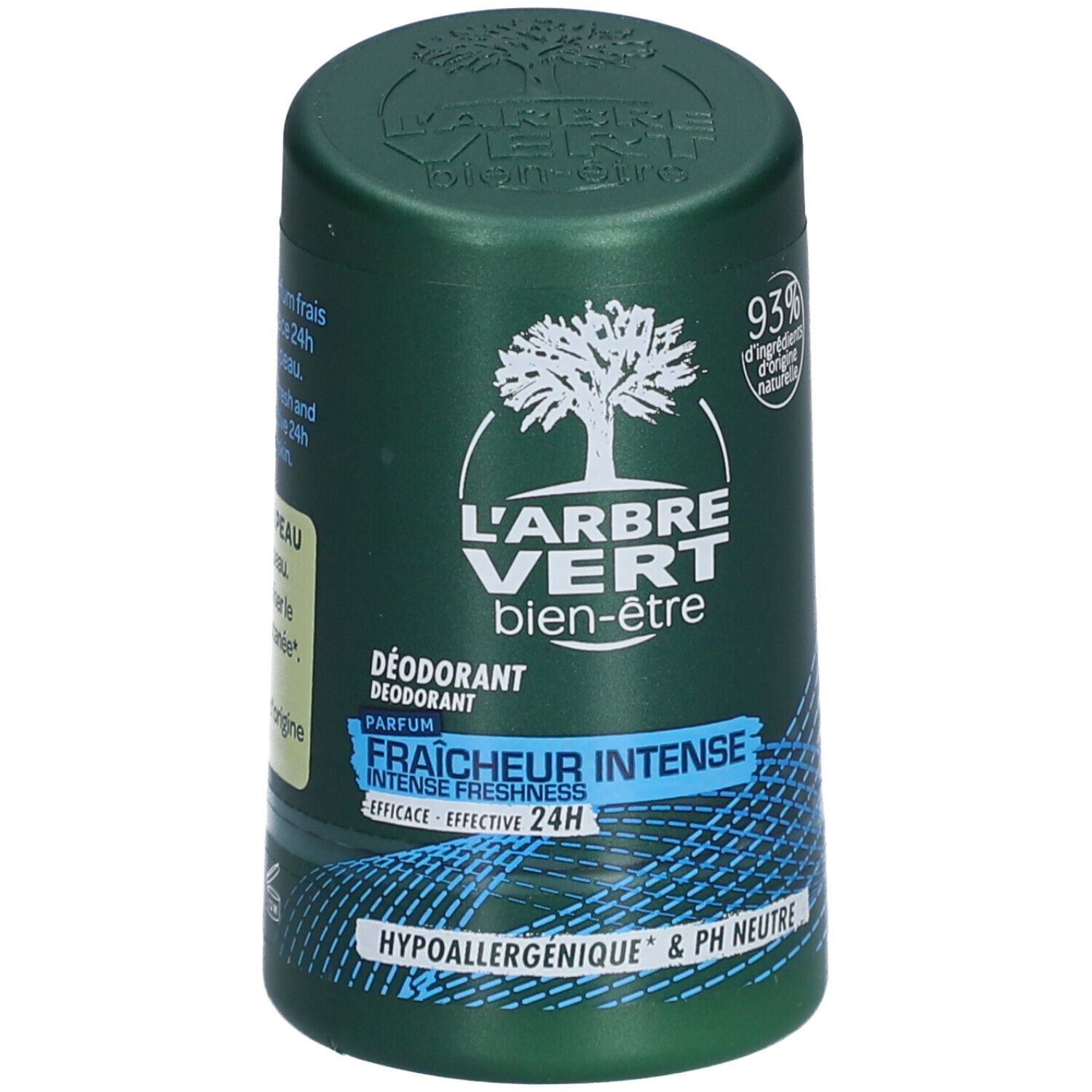 Stick de déodorant vert avec logo arbre blanc. Texte: L'Arbre Vert, Fraîcheur Intense, 24H. Hypoallergénique & pH neutre. 93% ingrédients naturels.