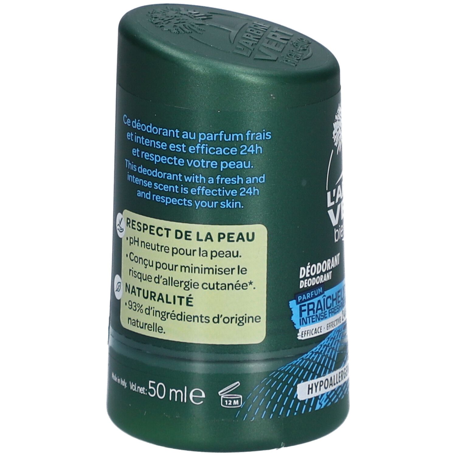Stick de déodorant vert. Texte: L'Arbre Vert, Déodorant, Fraîcheur Intense, 24H. pH neutre, 93% ingrédients naturels. 50 ml. Fabriqué en Italie.