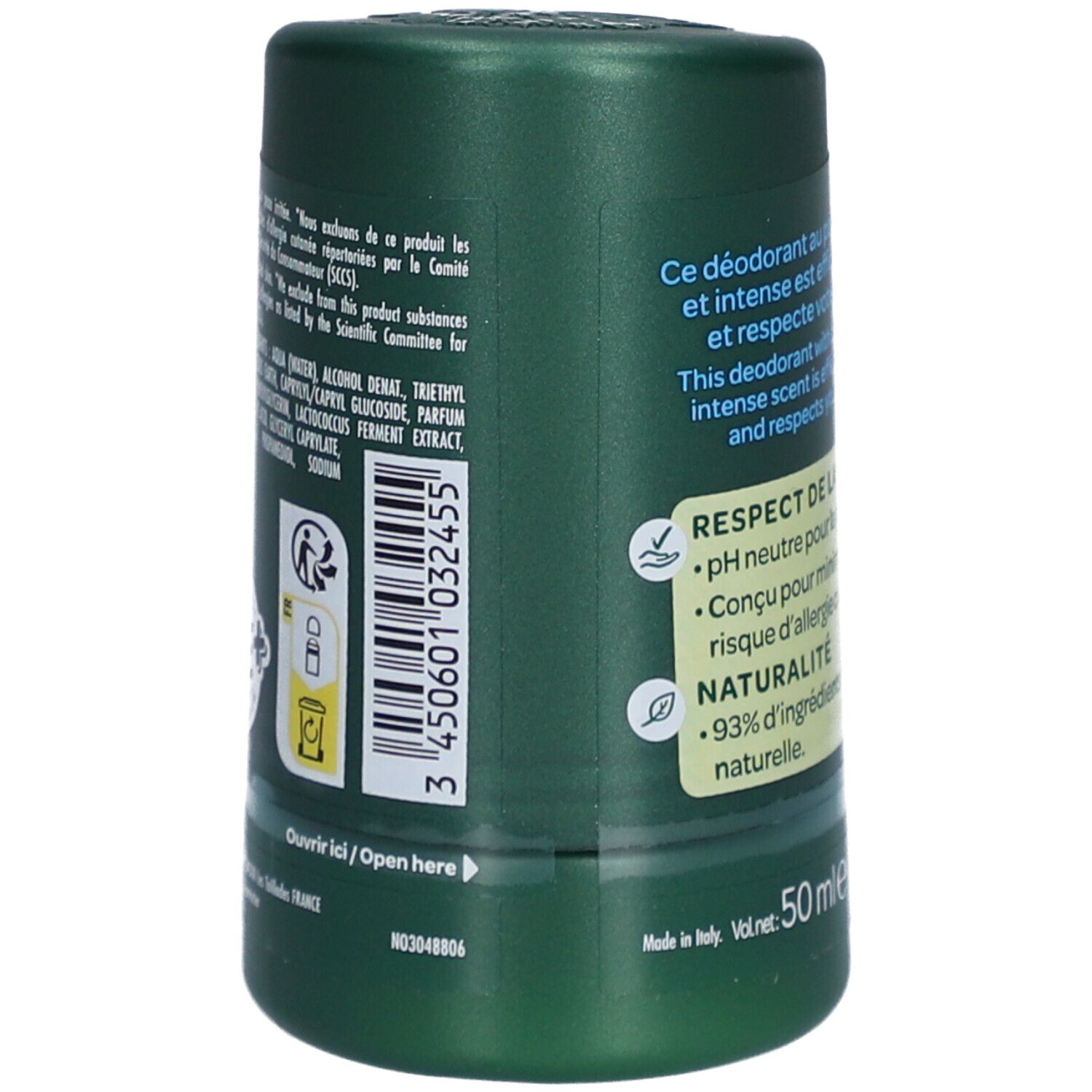 Stick de déodorant vert. Texte: L'Arbre Vert, Déodorant, Fraîcheur Intense, 24H. pH neutre, 93% ingrédients naturels. 50 ml. Fabriqué en Italie.