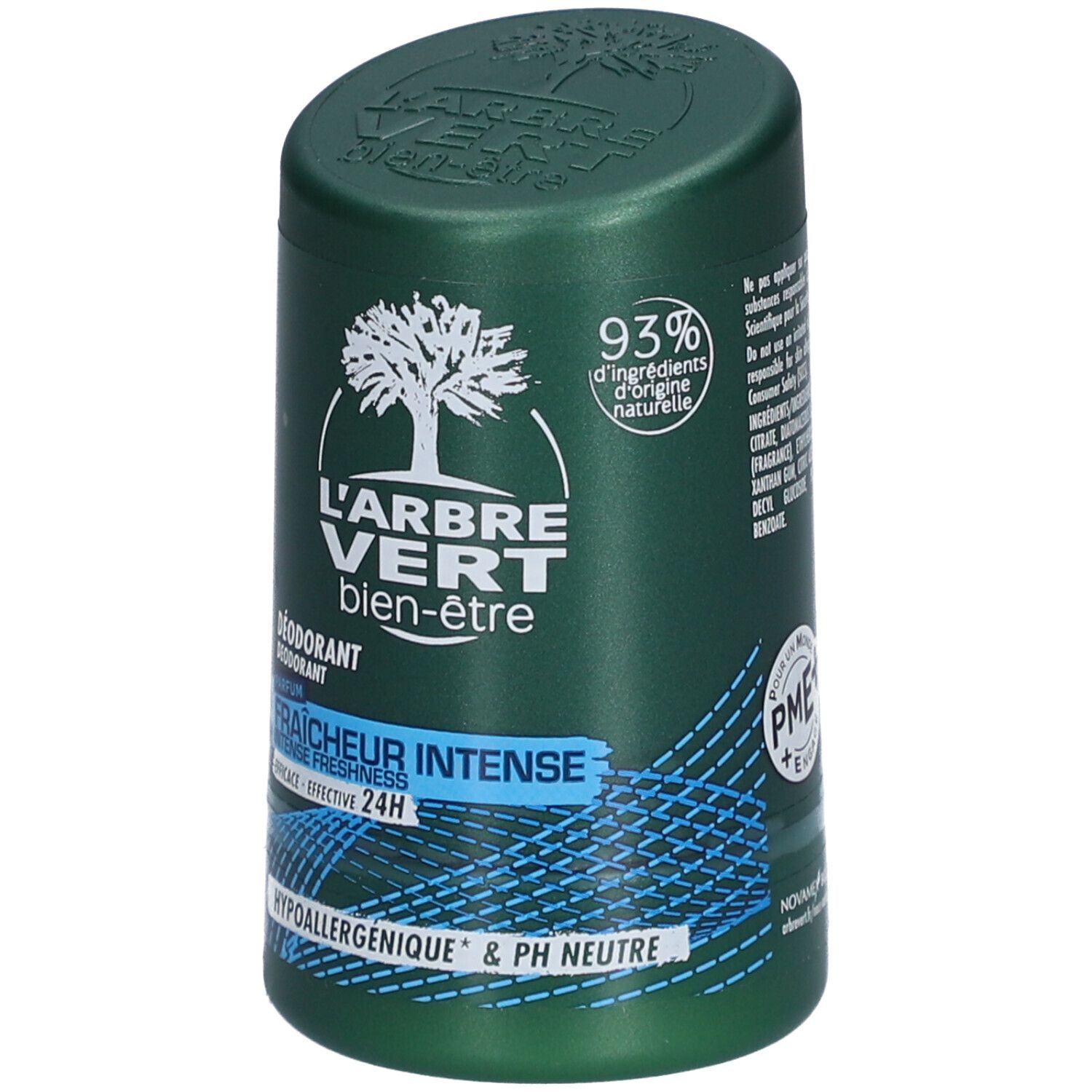 Stick de déodorant vert avec logo arbre blanc. Texte: L'Arbre Vert, Fraîcheur Intense, 24H. Hypoallergénique & pH neutre. 93% ingrédients naturels.