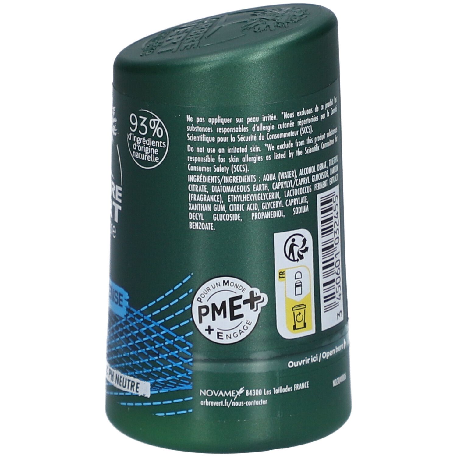 Stick de déodorant vert. Texte: L'Arbre Vert, Déodorant, Fraîcheur Intense, 24H. pH neutre, 93% ingrédients naturels. 50 ml. Fabriqué en Italie.