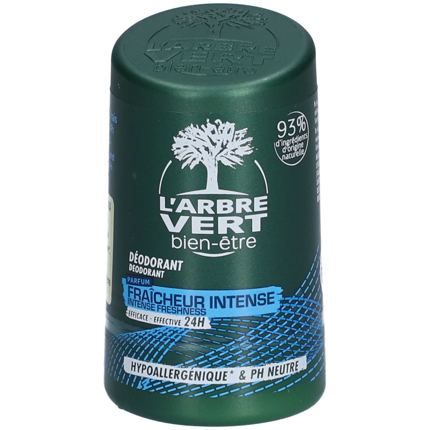 Stick de déodorant vert avec logo arbre blanc. Texte: L'Arbre Vert, Fraîcheur Intense, 24H. Hypoallergénique & pH neutre. 93% ingrédients naturels.