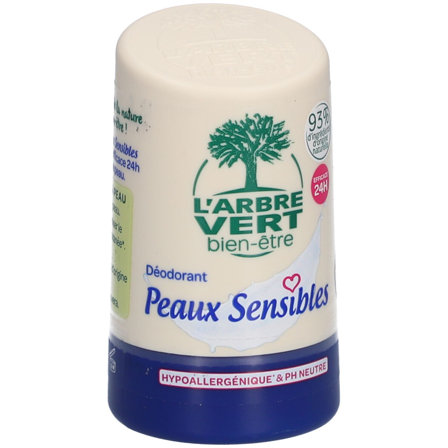 Déodorant roll-on pour peaux sensibles. Récipient blanc et bleu avec logo et texte. Contient 93% d'ingrédients d'origine naturelle.