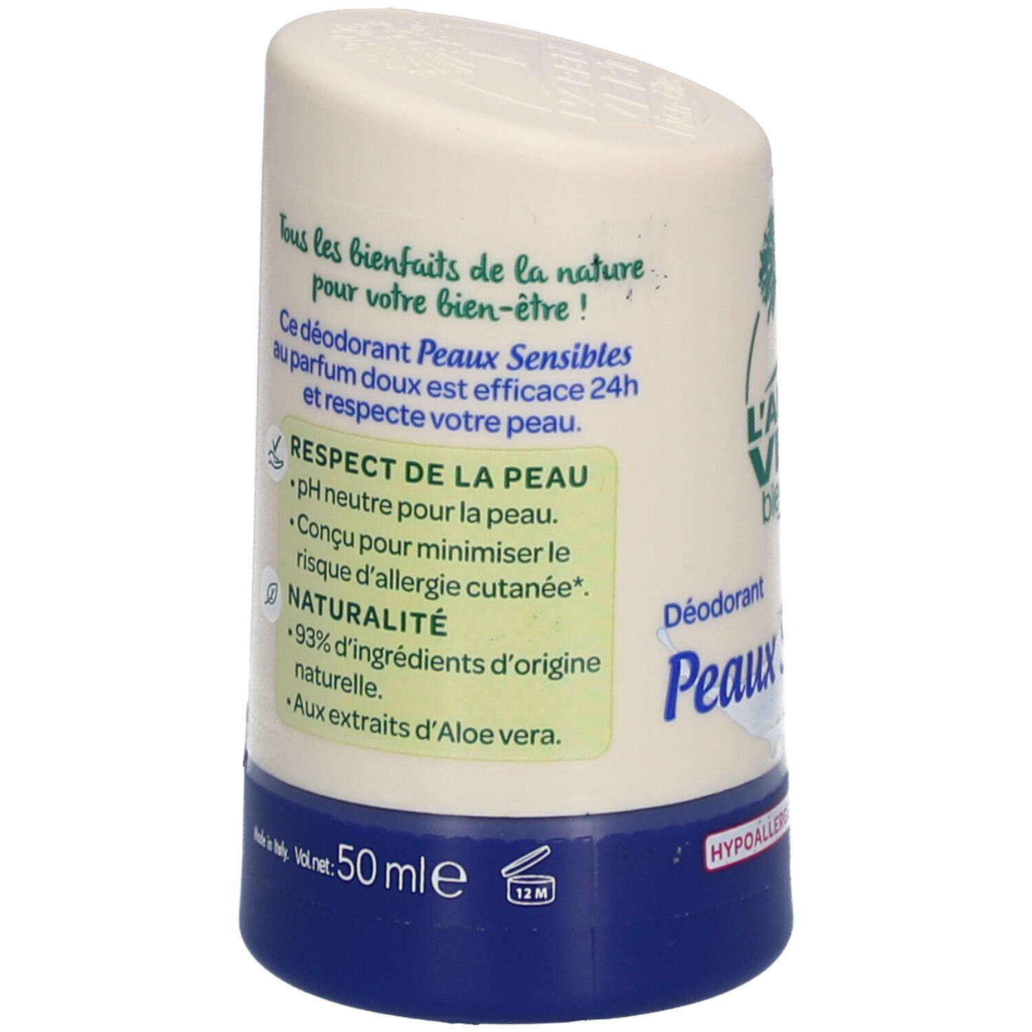 Vue latérale du déodorant roll-on. Texte avec informations sur le pH, la naturalité et les ingrédients. Contient des extraits d'aloe vera.