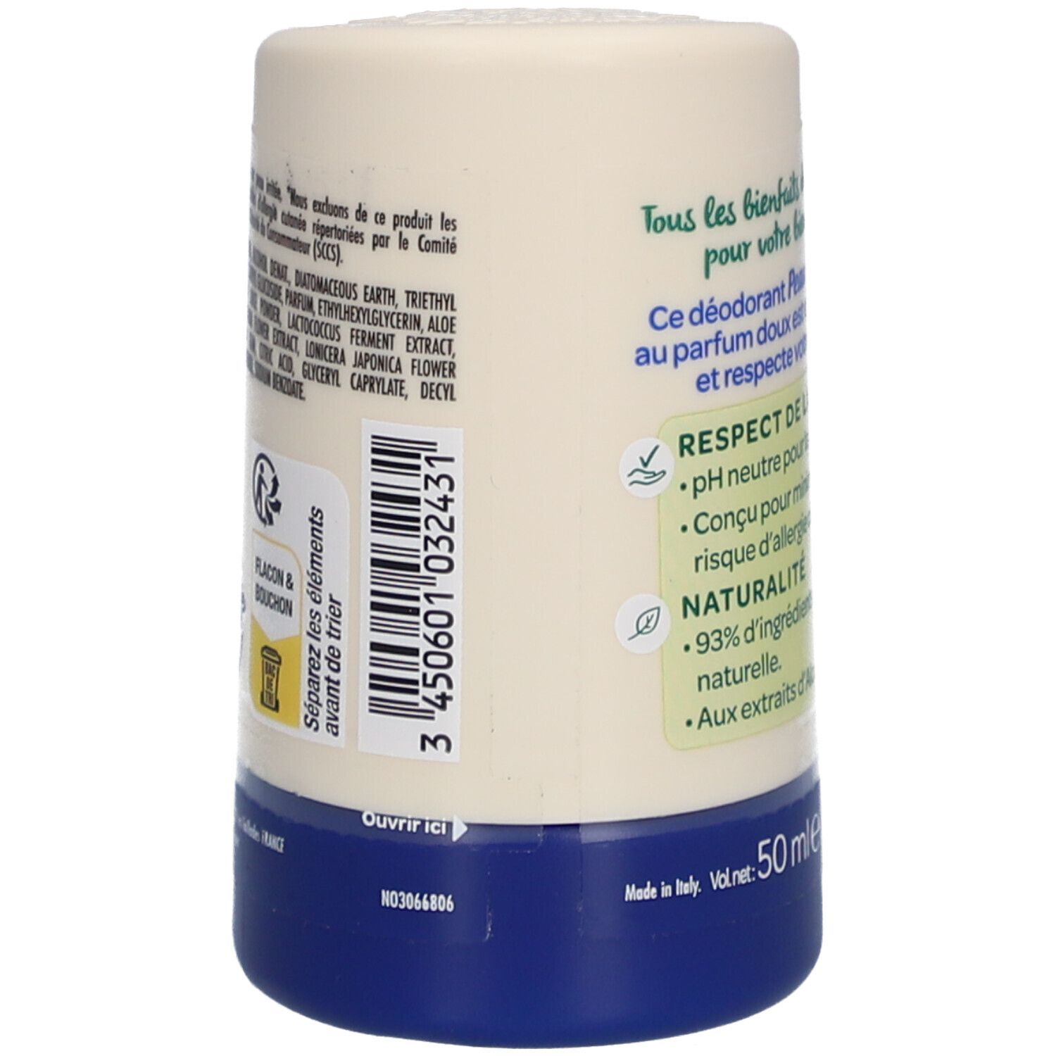 Dos du déodorant roll-on. Texte avec ingrédients et consignes de recyclage. Volume : 50 ml. Fabriqué en Italie.