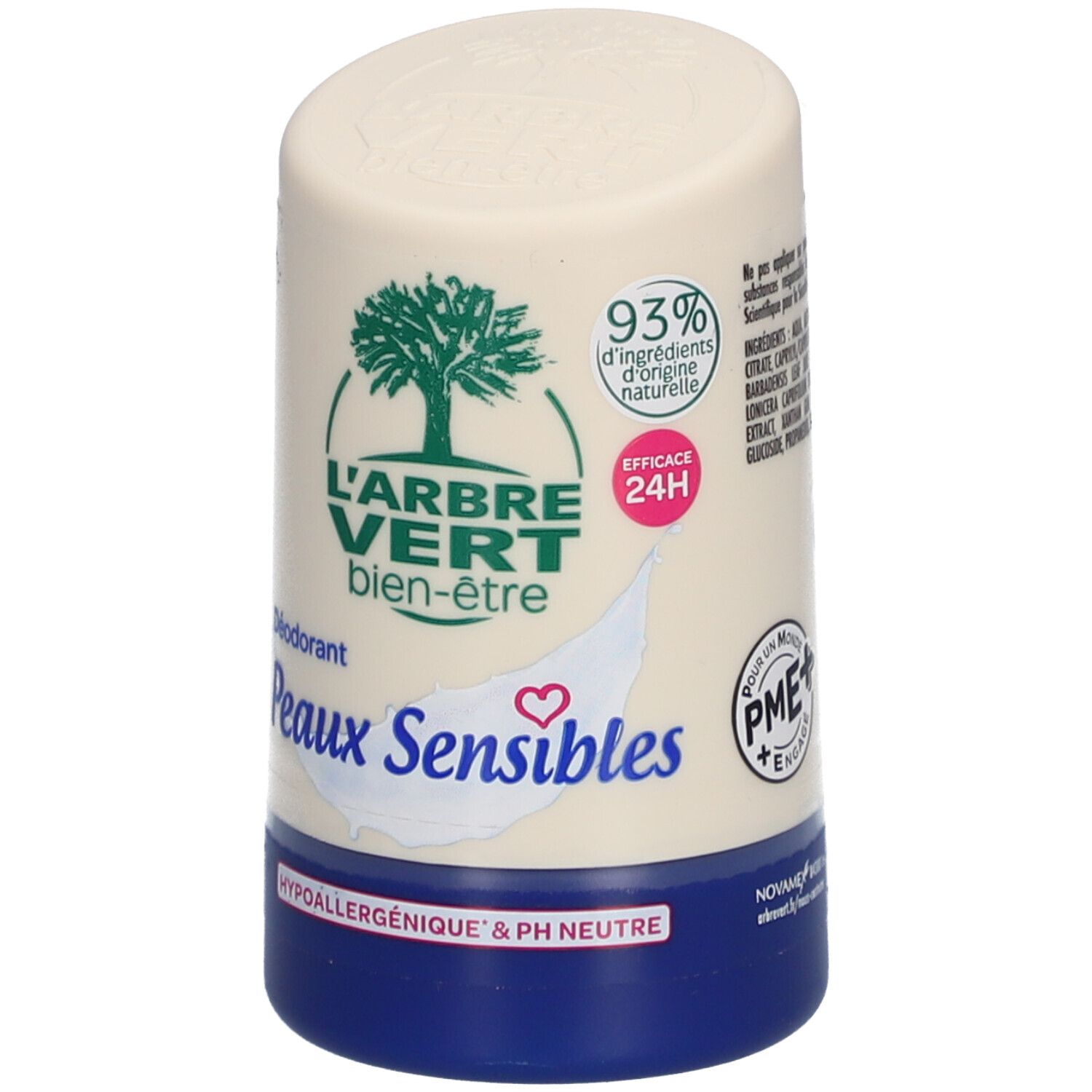 Déodorant roll-on pour peaux sensibles. Récipient blanc et bleu avec logo et texte. Contient 93% d'ingrédients d'origine naturelle.