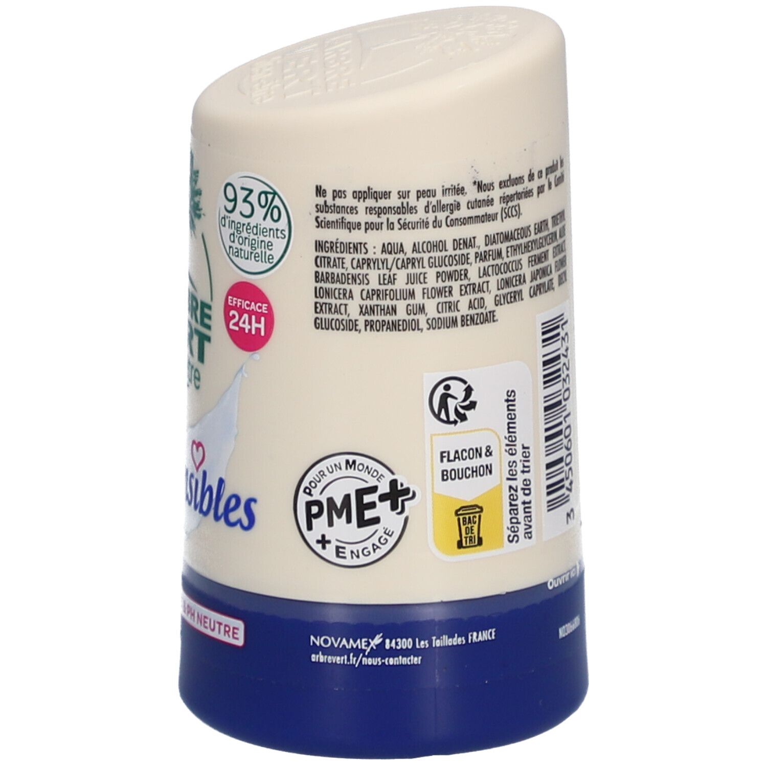 Dos du déodorant roll-on. Texte avec ingrédients et consignes de recyclage. Volume : 50 ml. Fabriqué en France.