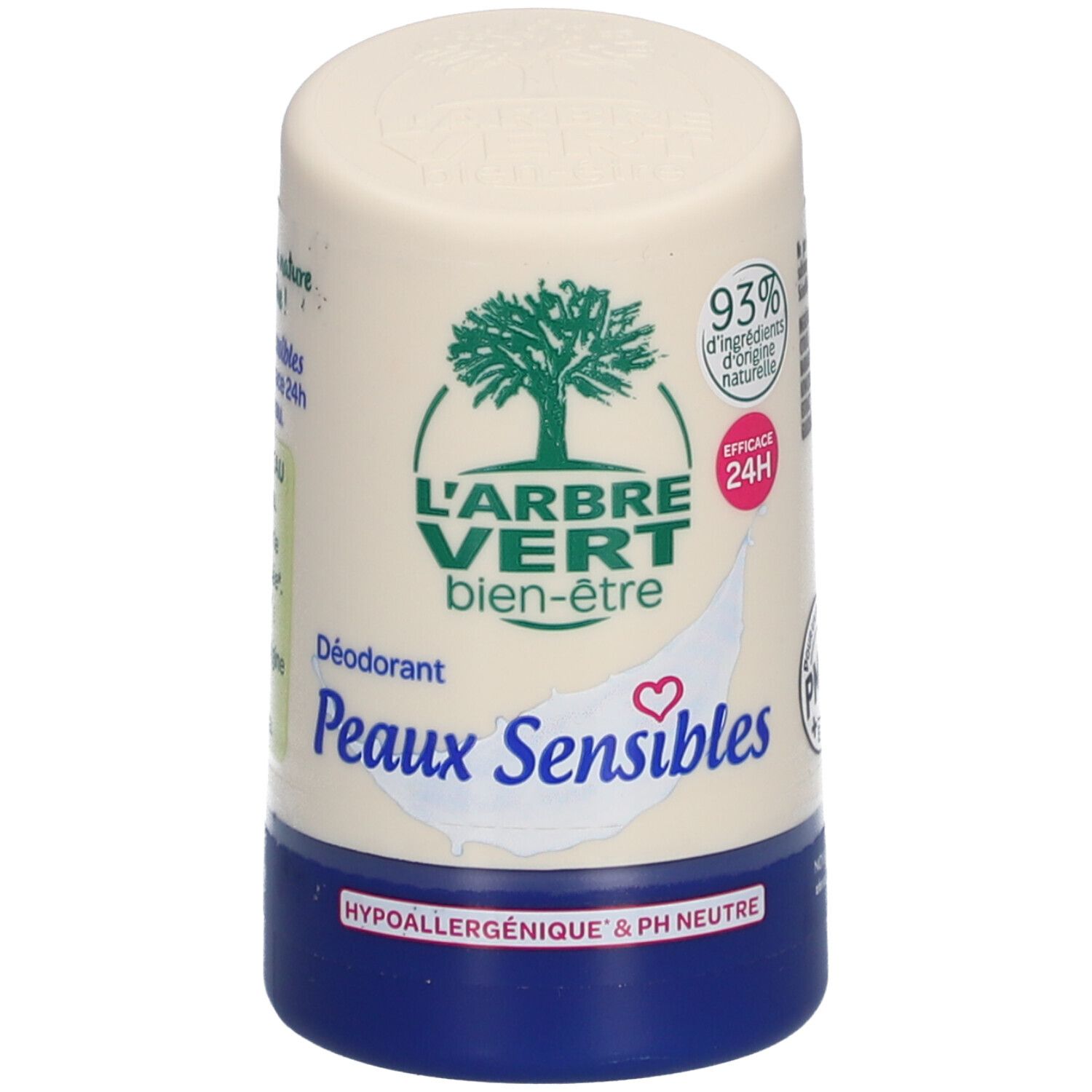 Déodorant roll-on pour peaux sensibles. Récipient blanc et bleu avec logo et texte. Contient 93% d'ingrédients d'origine naturelle.