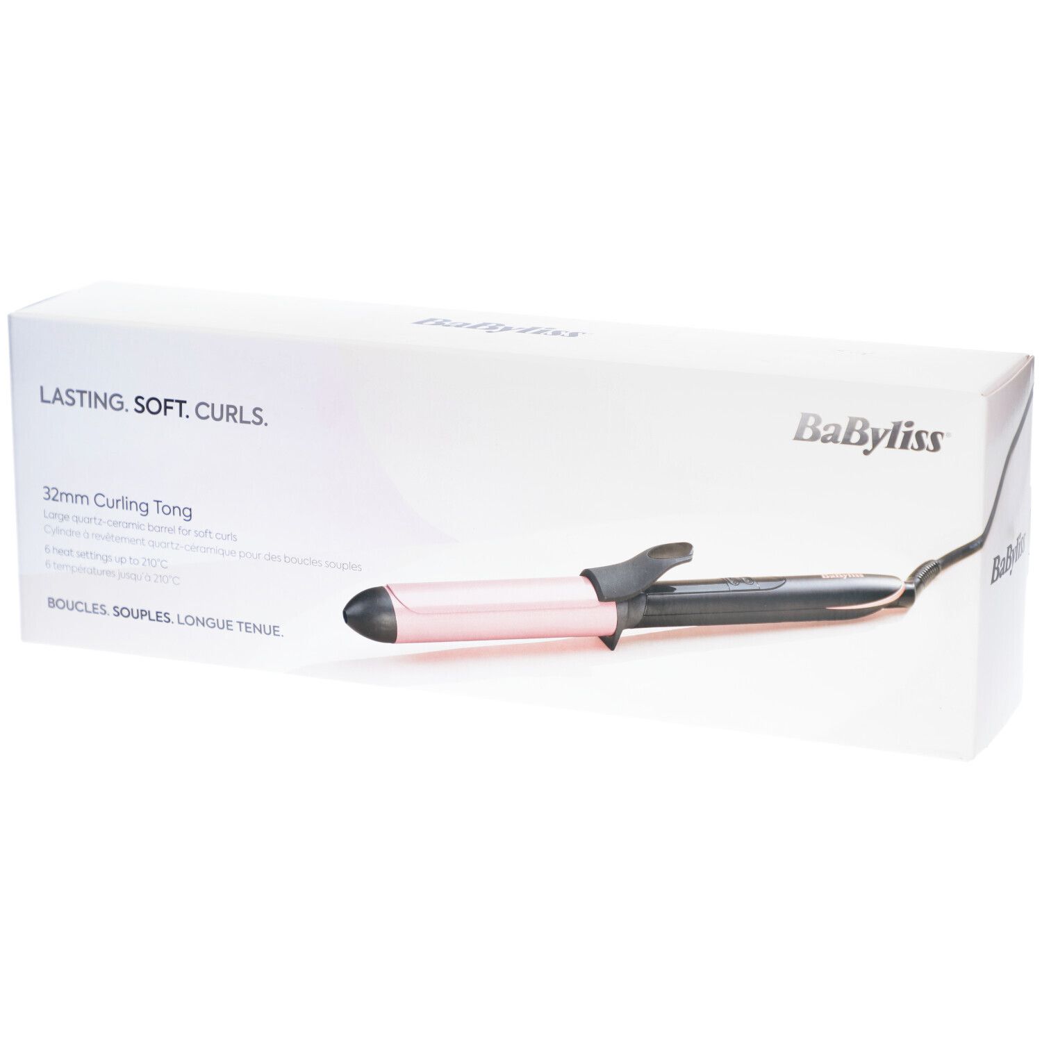 Fer à boucler Babyliss Boucleur Titanium Brilliance 32mm dans son emballage. Fer rose et noir, 32mm. Inscription: Lasting. Soft. Curls.